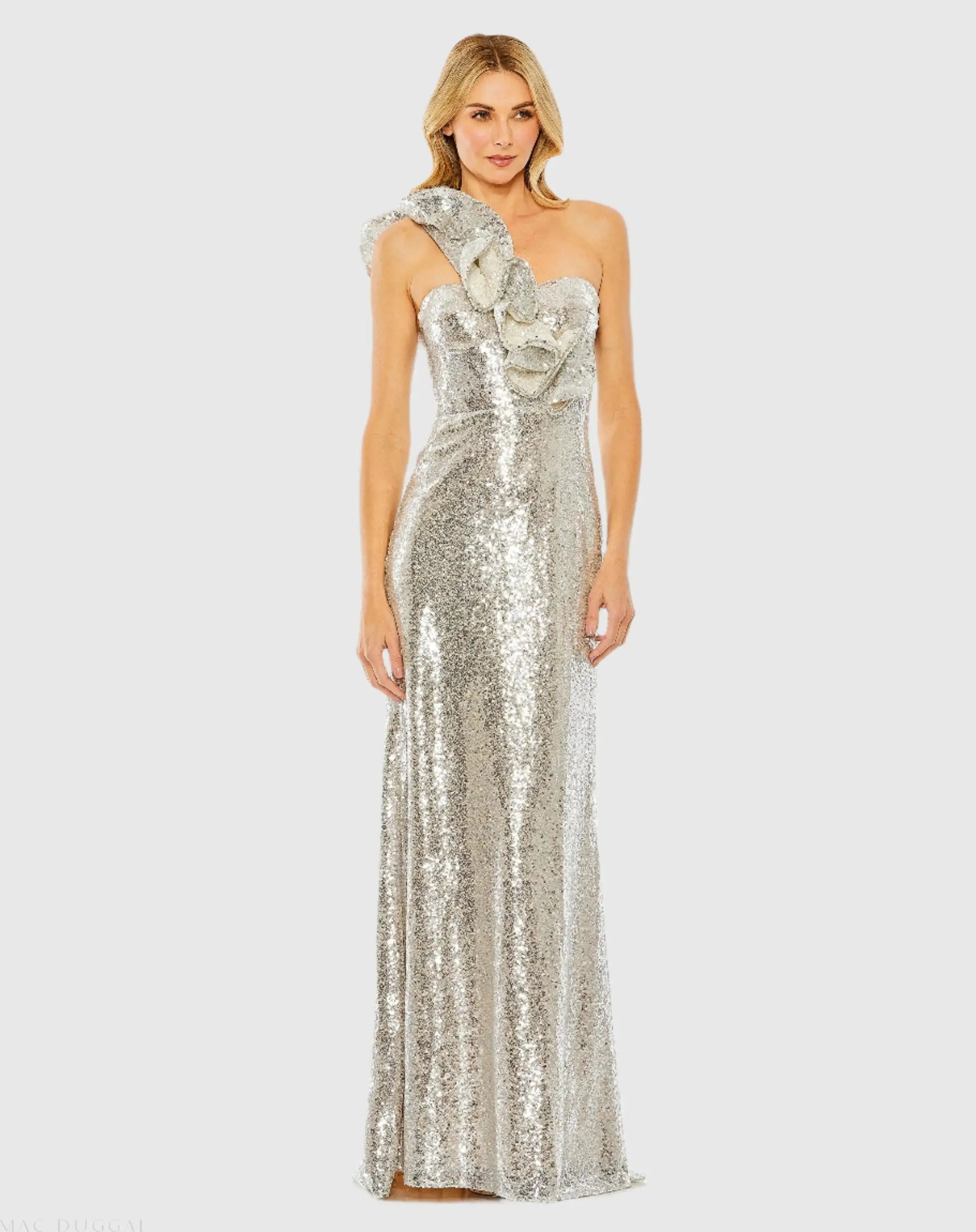 Silver Sequin Ruffled One Shoulder Gown-Myartka