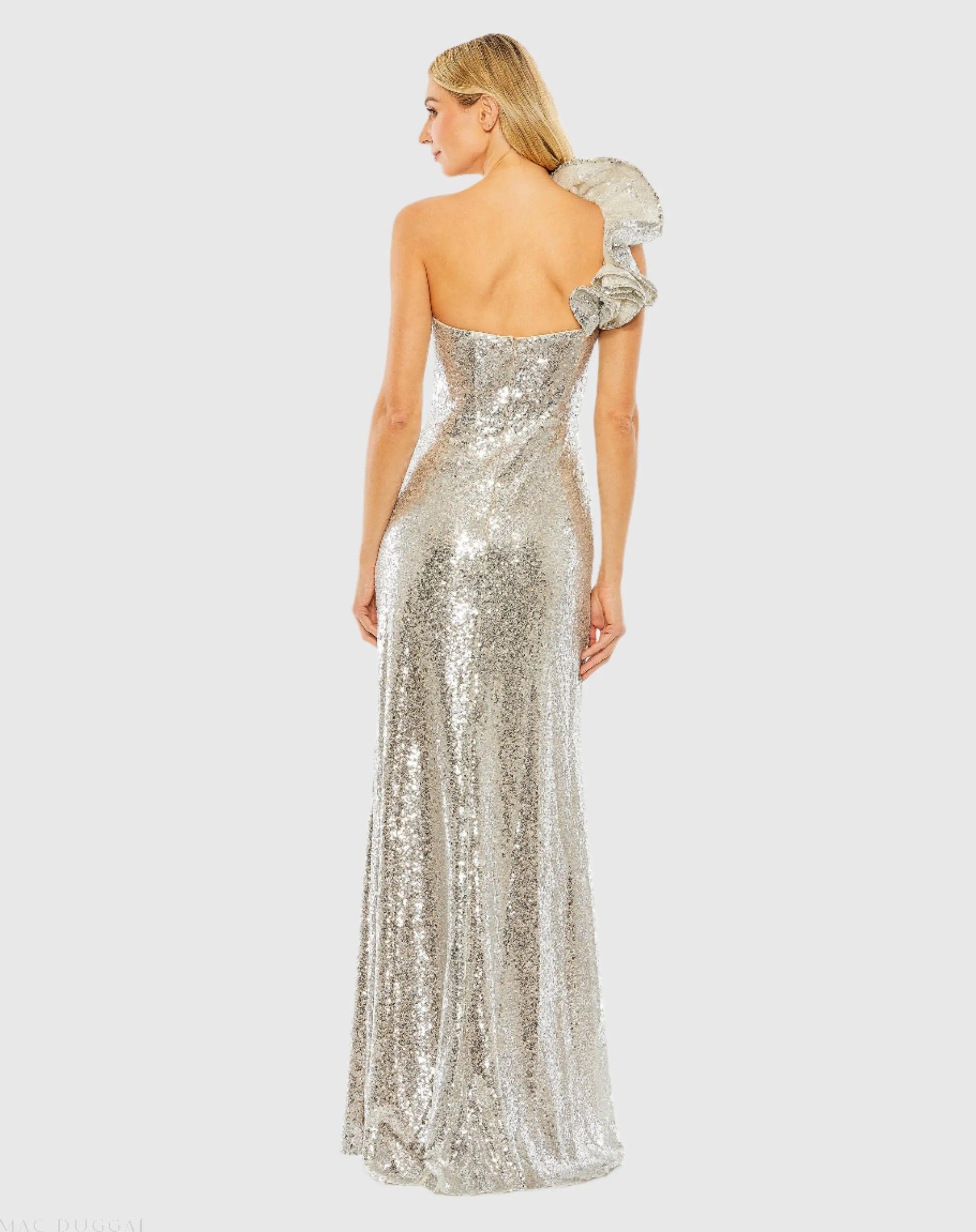 Silver Sequin Ruffled One Shoulder Gown-Myartka