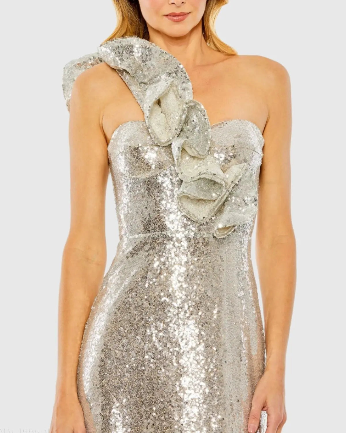 Silver Sequin Ruffled One Shoulder Gown-Myartka