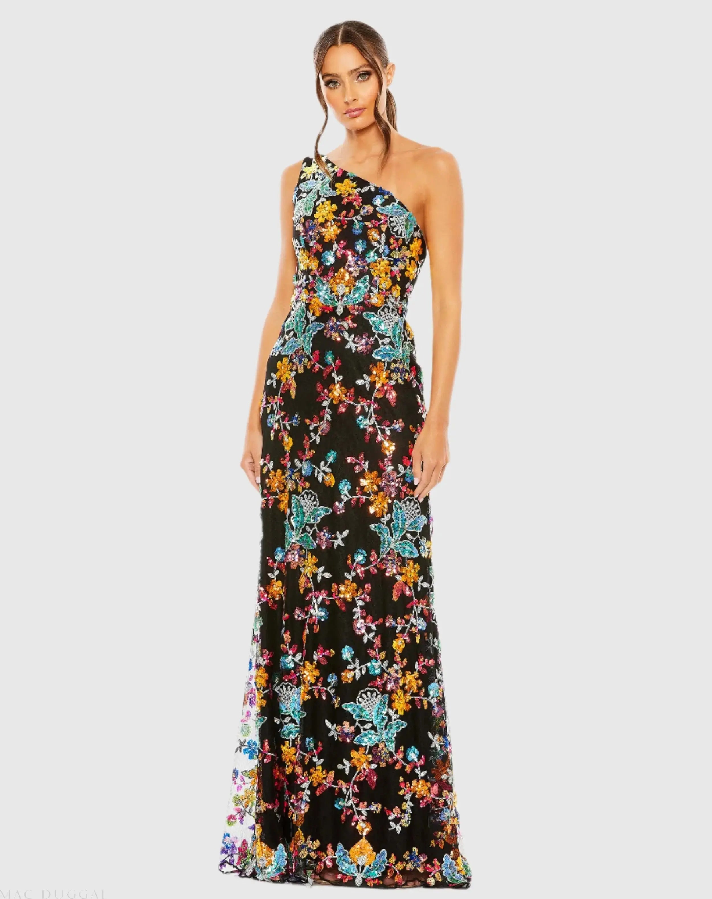 Multicolor One Shoulder Floral Sequin Lace Up Gown-Myartka