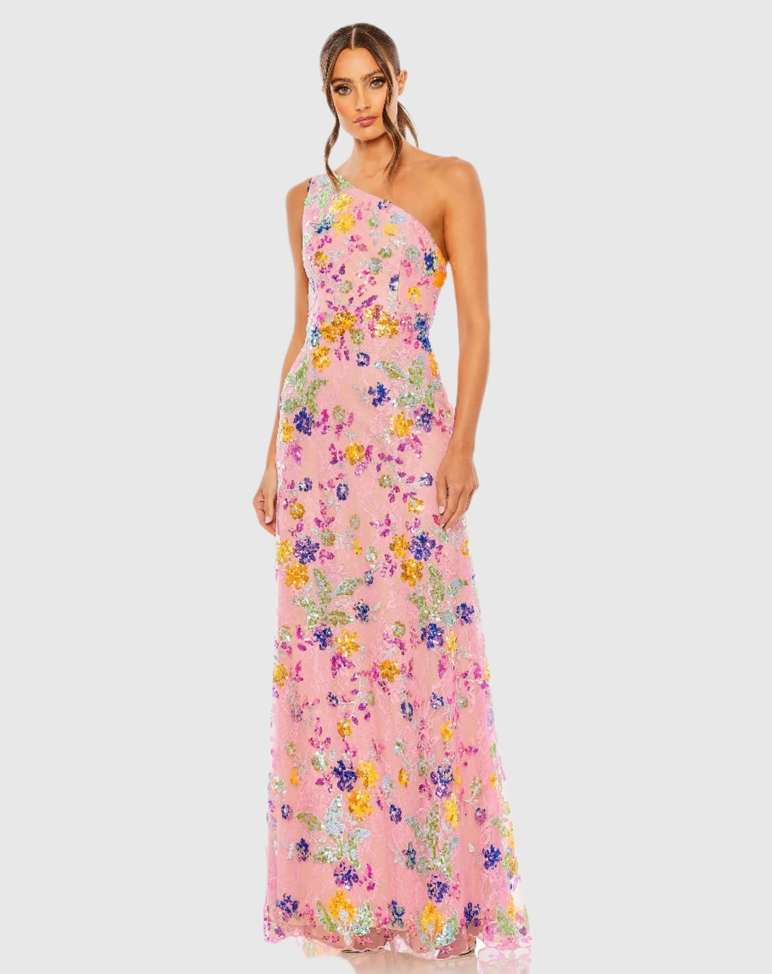 Pink Multicolor One Shoulder Floral Sequin Lace Up Gown-Myartka