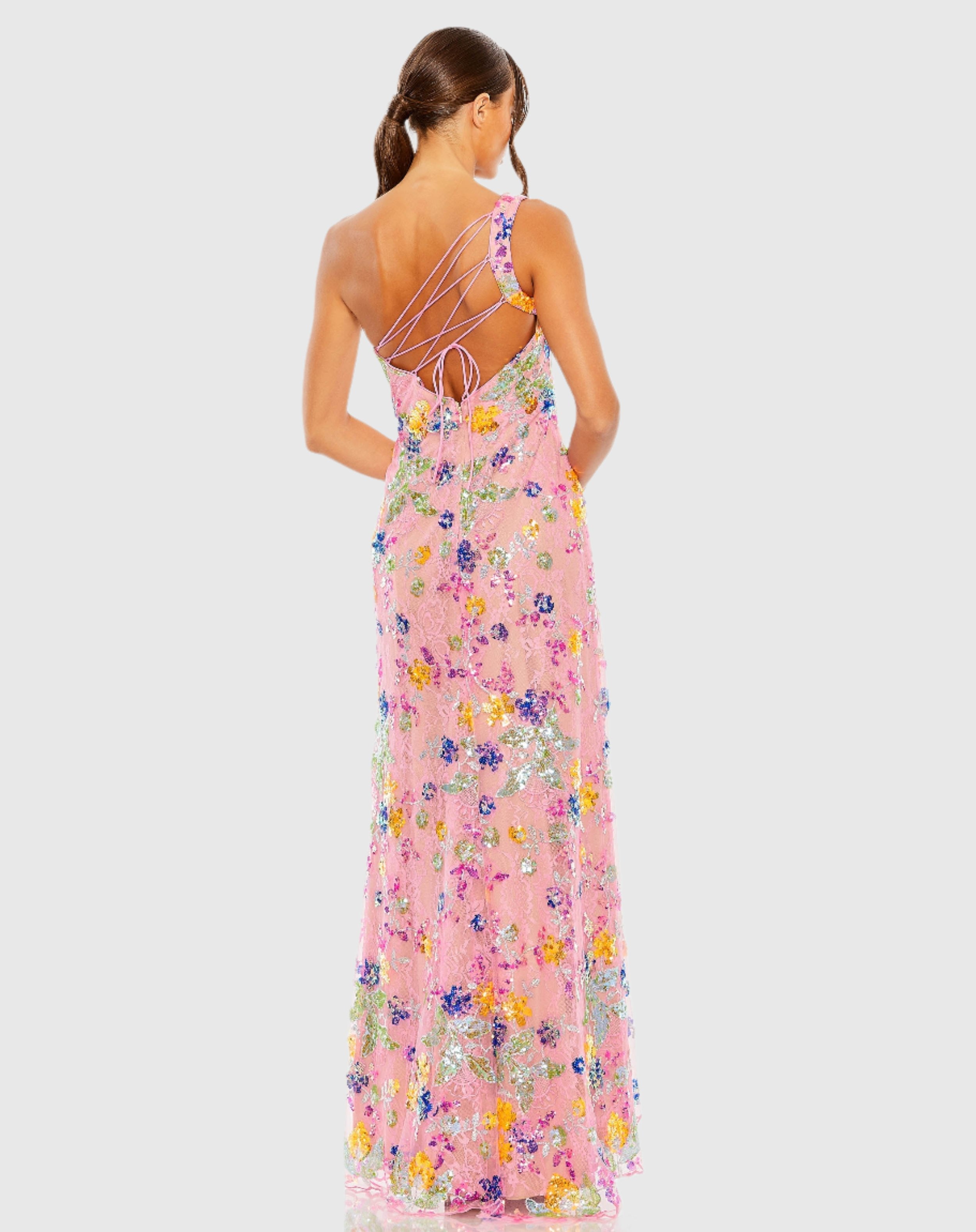 Pink Multicolor One Shoulder Floral Sequin Lace Up Gown-Myartka