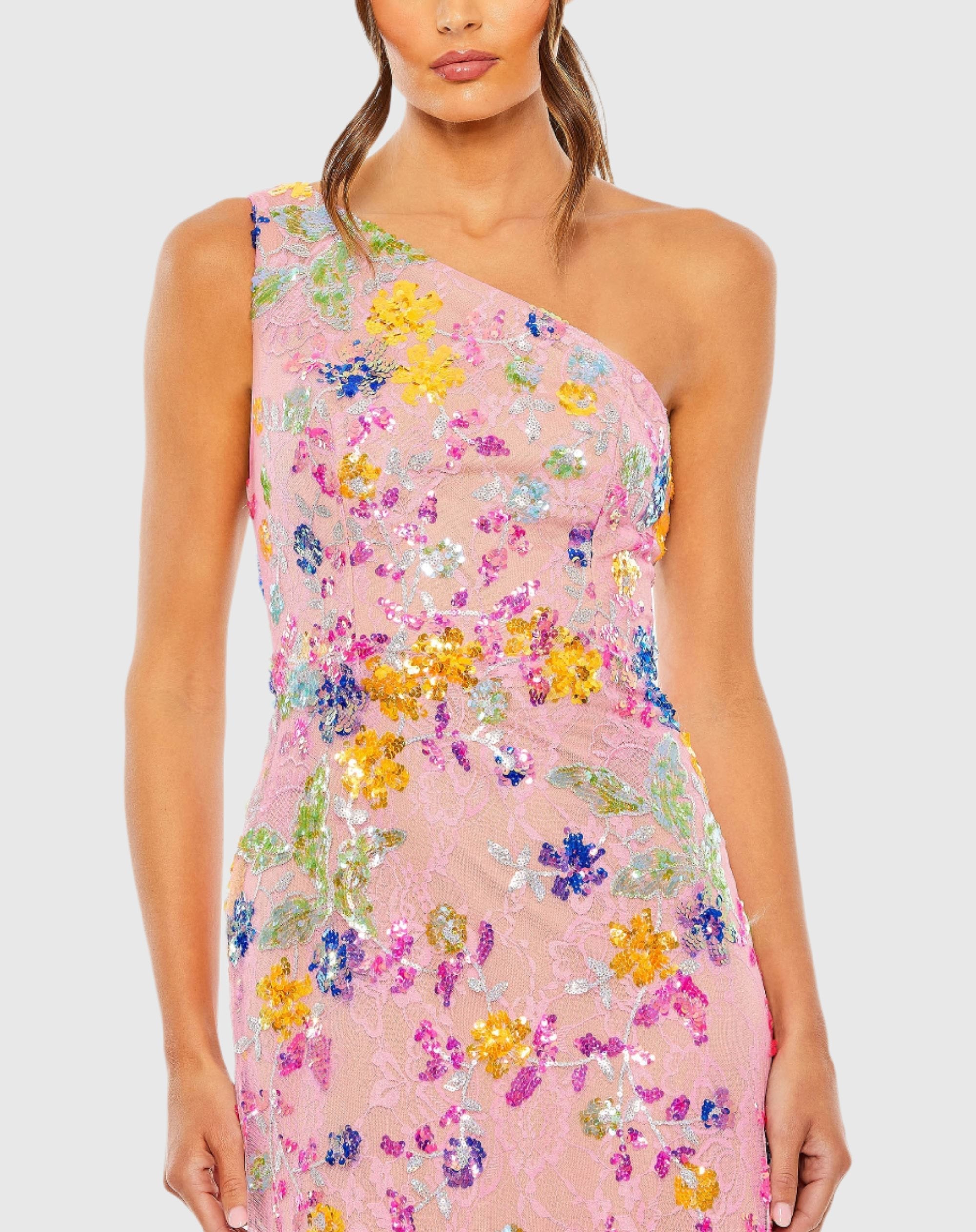 Pink Multicolor One Shoulder Floral Sequin Lace Up Gown-Myartka