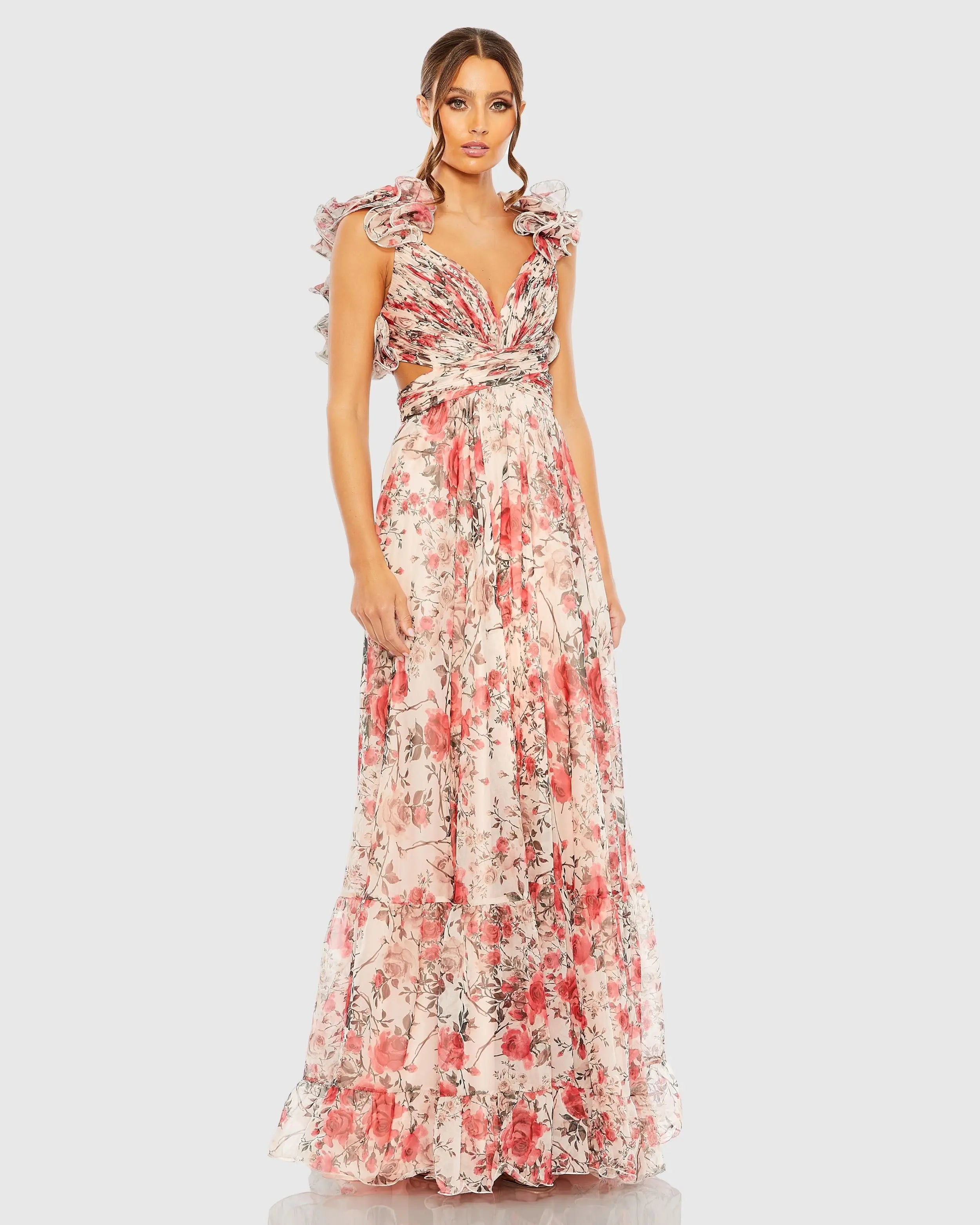 Pink Ruffle Tiered Floral Cut-Out Chiffon Gown-Myartka