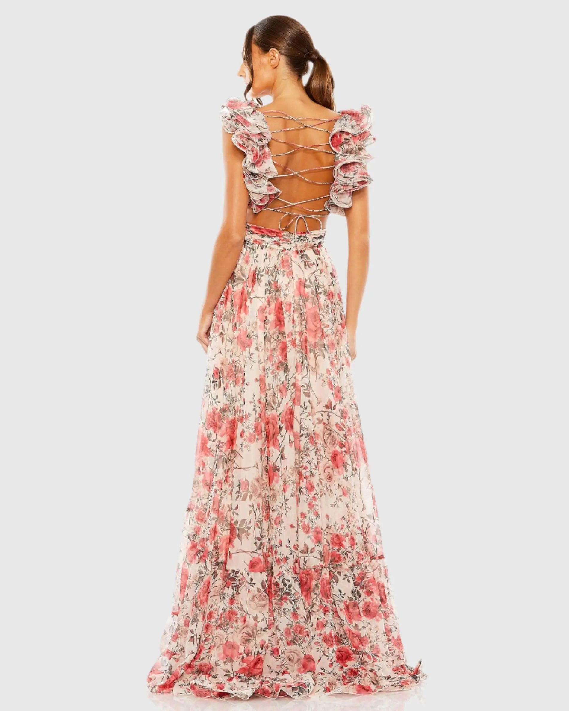 Pink Ruffle Tiered Floral Cut-Out Chiffon Gown-Myartka