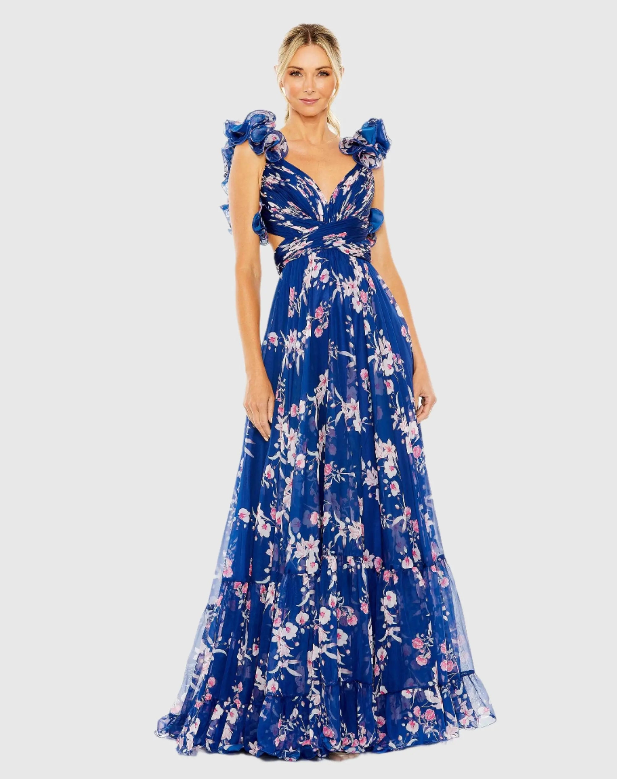 Blue Ruffle Tiered Floral Cut-Out Chiffon Gown-Myartka
