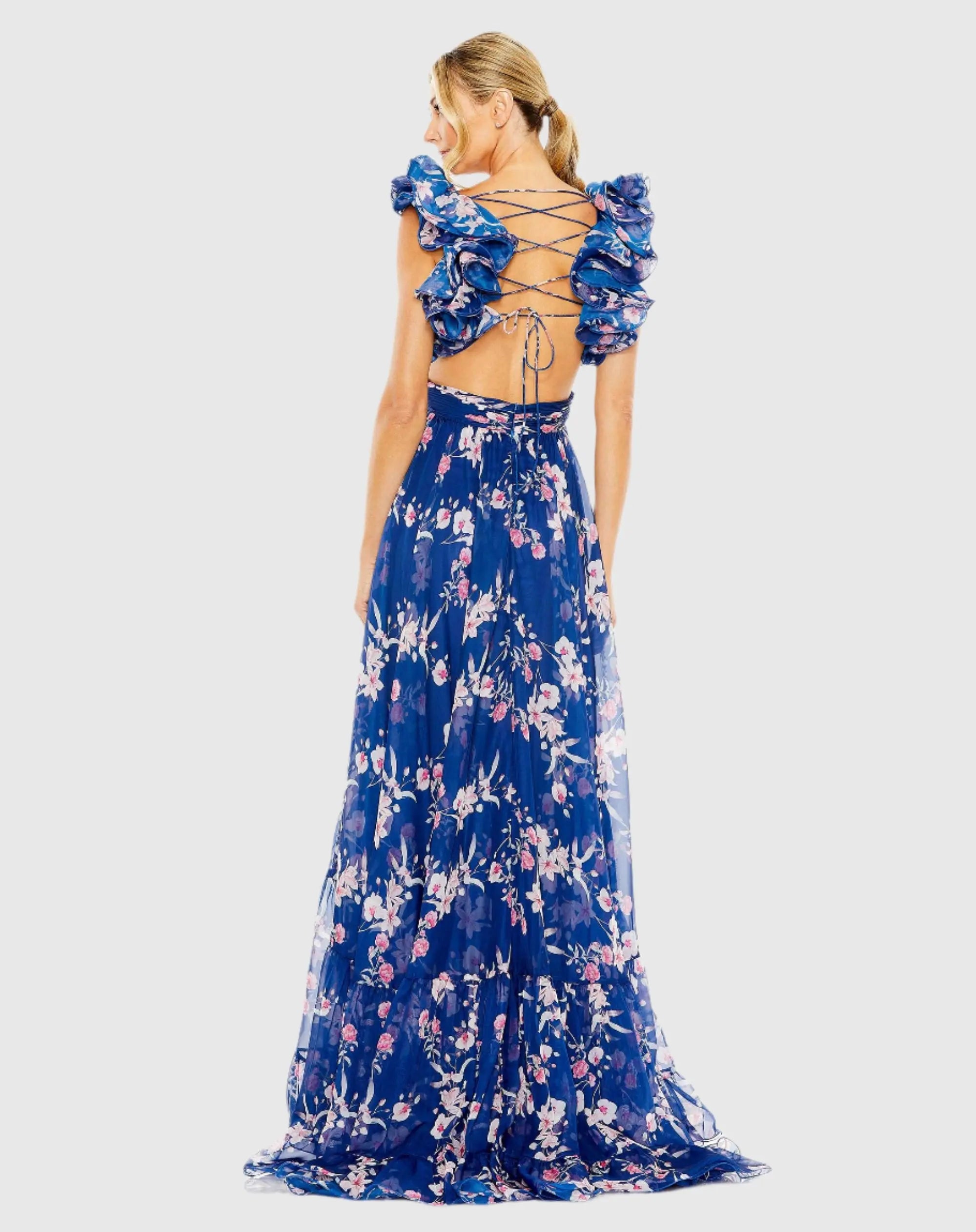 Blue Ruffle Tiered Floral Cut-Out Chiffon Gown-Myartka