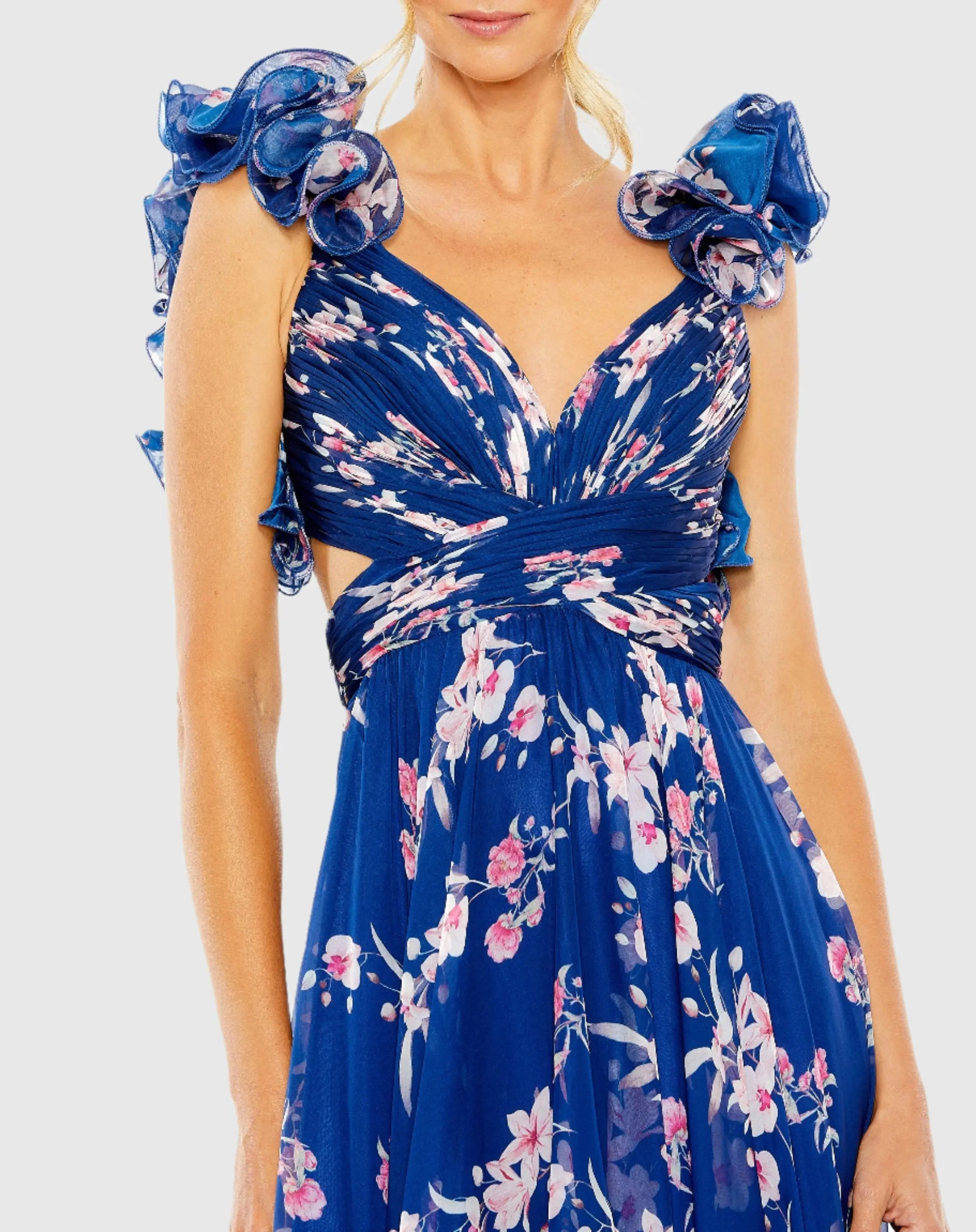 Blue Ruffle Tiered Floral Cut-Out Chiffon Gown-Myartka