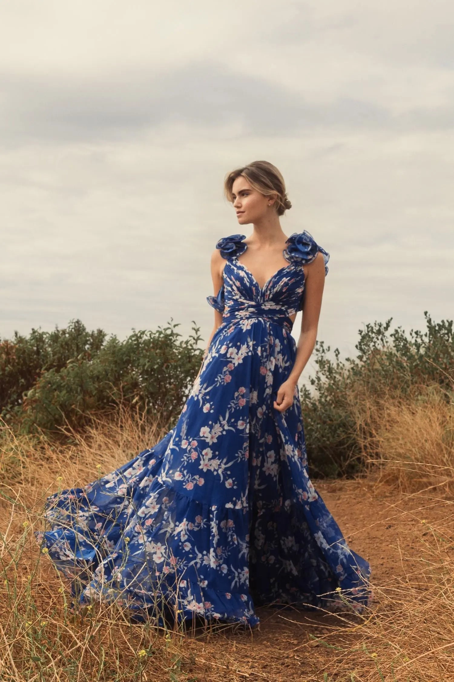 Blue Ruffle Tiered Floral Cut-Out Chiffon Gown-Myartka
