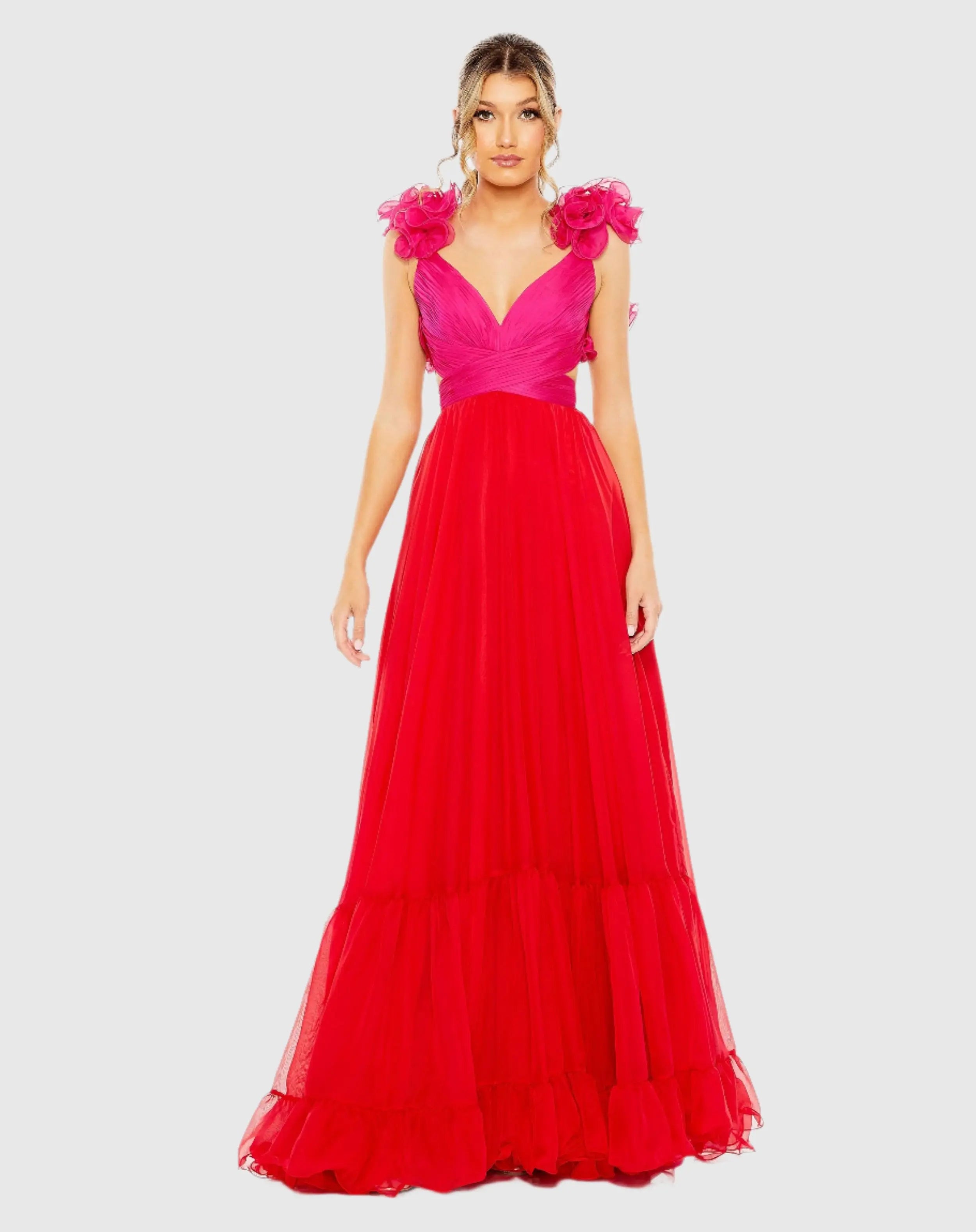 Pink and Red Ruffle Tiered Cut Out Lace Up Chiffon Gown-Myartka
