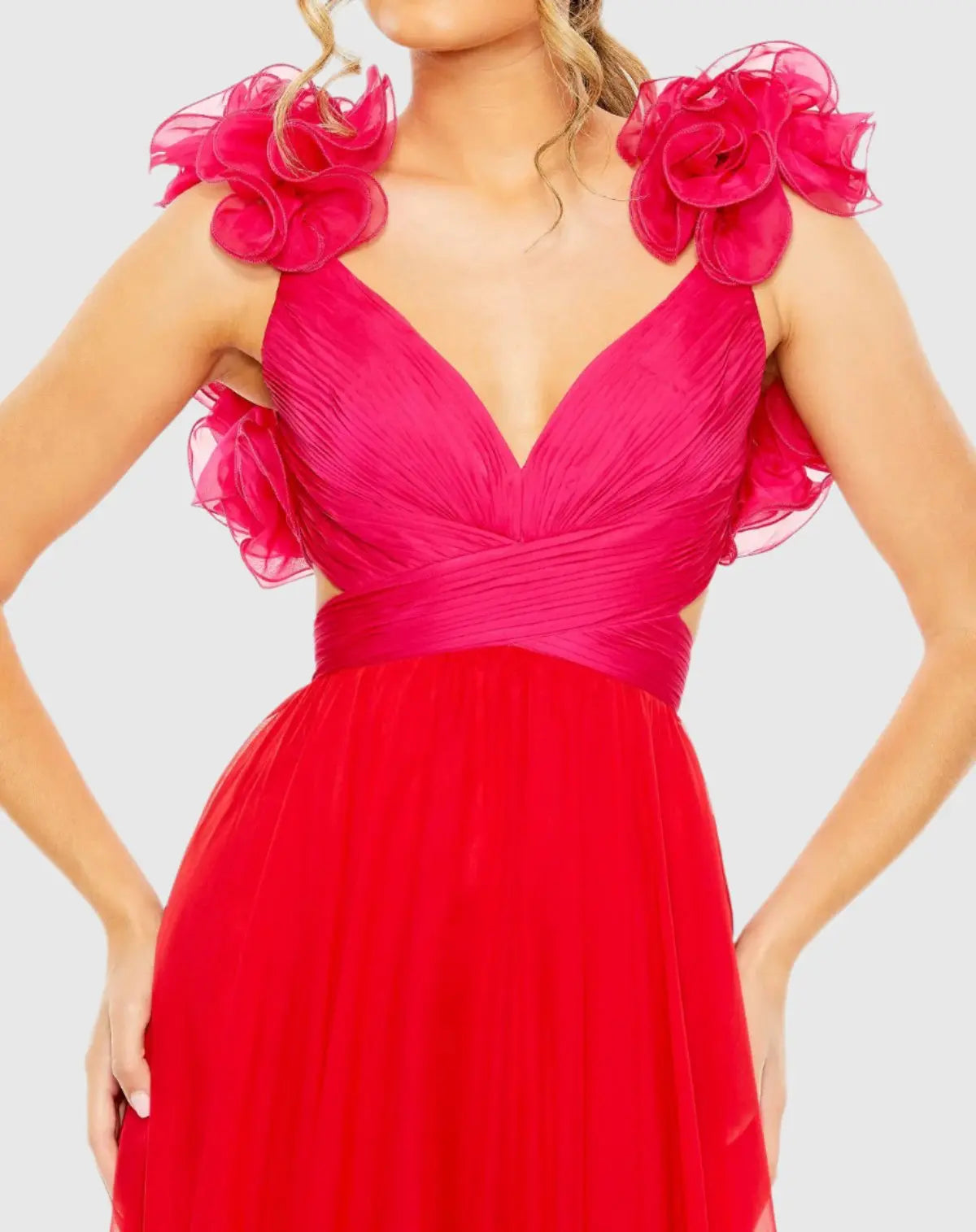 Pink and Red Ruffle Tiered Cut Out Lace Up Chiffon Gown-Myartka