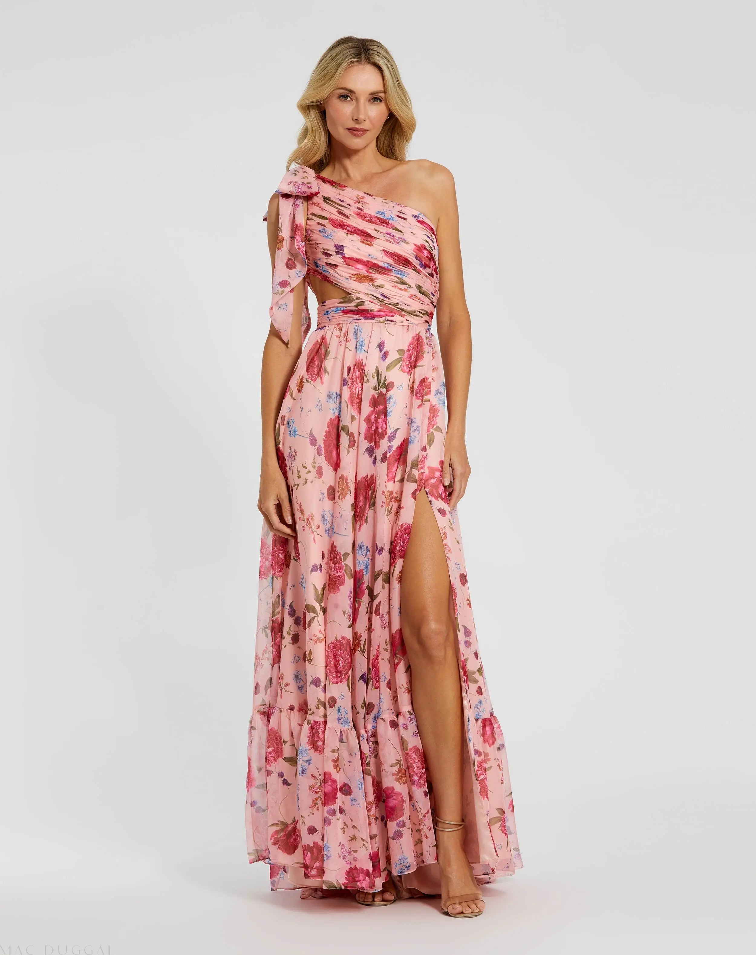 Pink One Shoulder Floral Printed Chiffon Side Cut Out Gown-Myartka