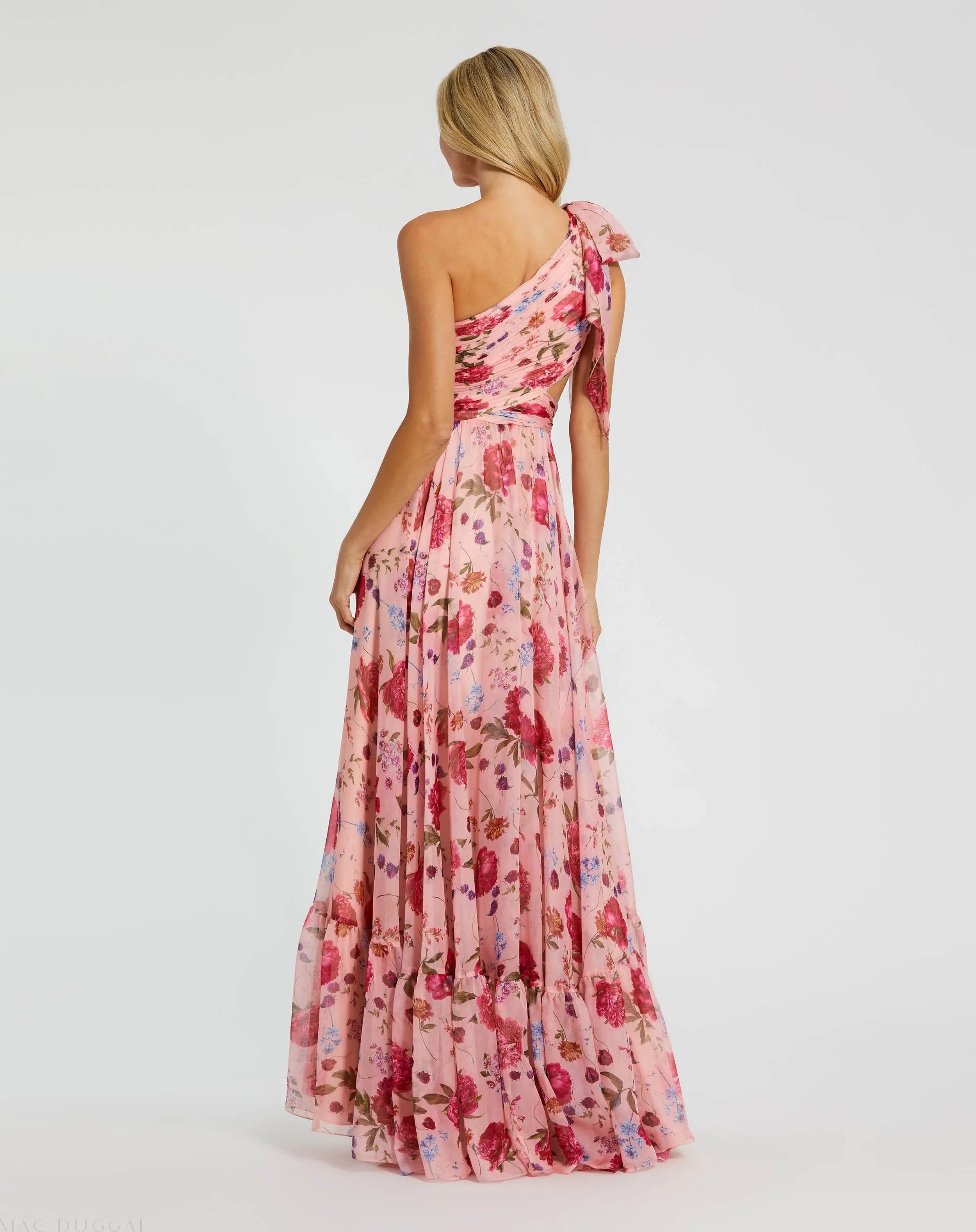Pink One Shoulder Floral Printed Chiffon Side Cut Out Gown-Myartka