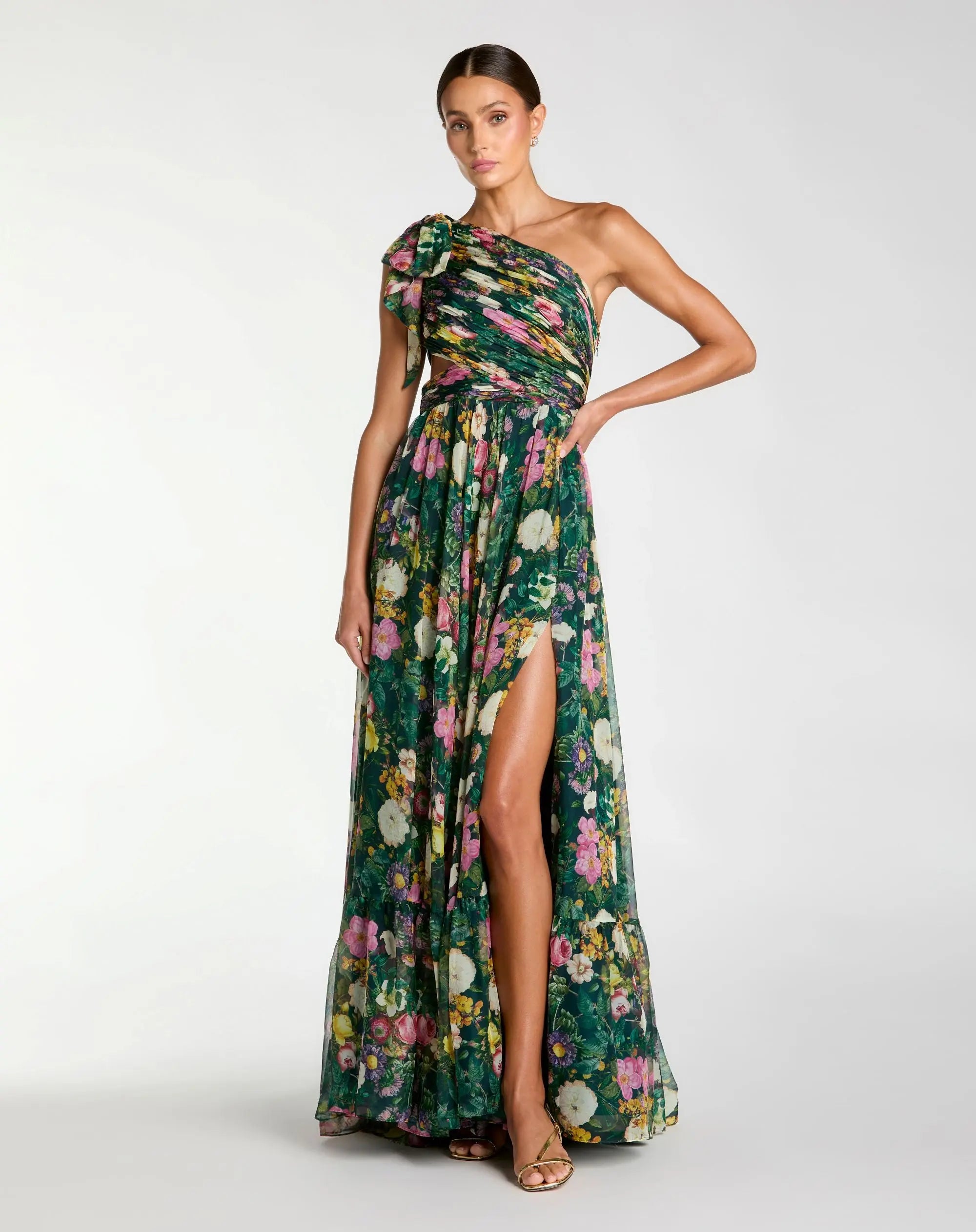 Green One Shoulder Floral Printed Chiffon Side Cut Out Gown-Myartka
