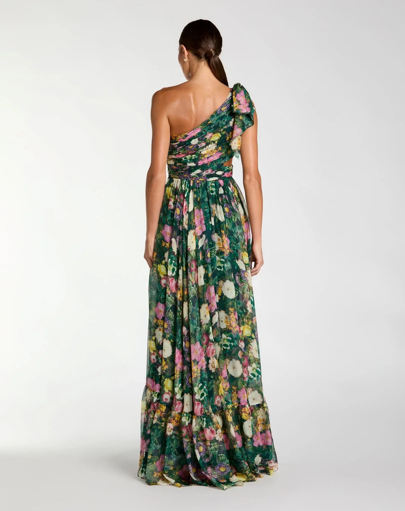 Green One Shoulder Floral Printed Chiffon Side Cut Out Gown-Myartka