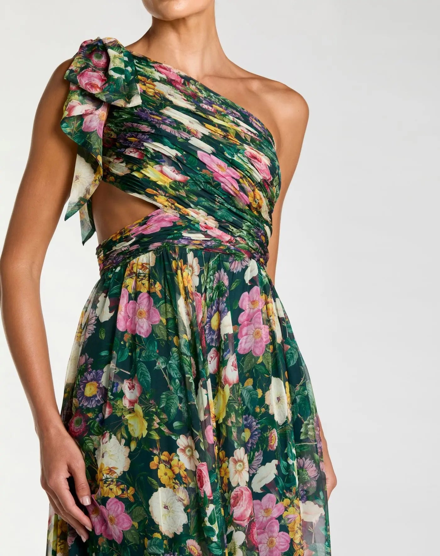Green One Shoulder Floral Printed Chiffon Side Cut Out Gown-Myartka