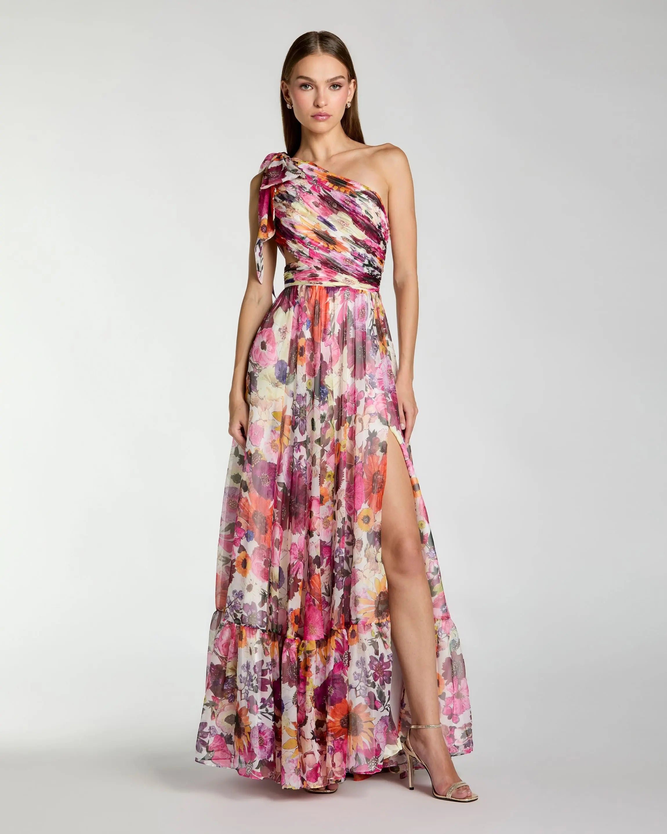 Multicolor One Shoulder Floral Printed Chiffon Side Cut Out Gown-Myartka