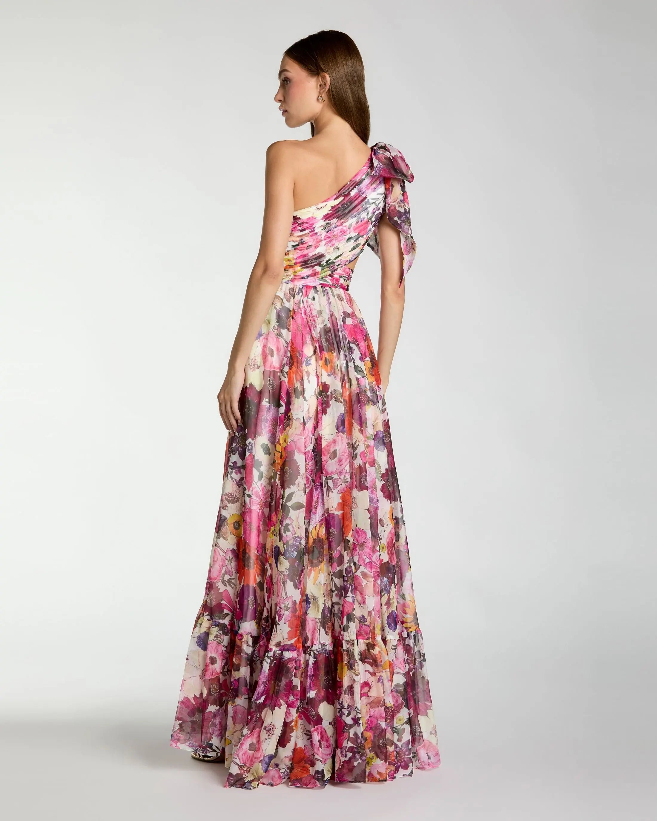 Multicolor One Shoulder Floral Printed Chiffon Side Cut Out Gown-Myartka