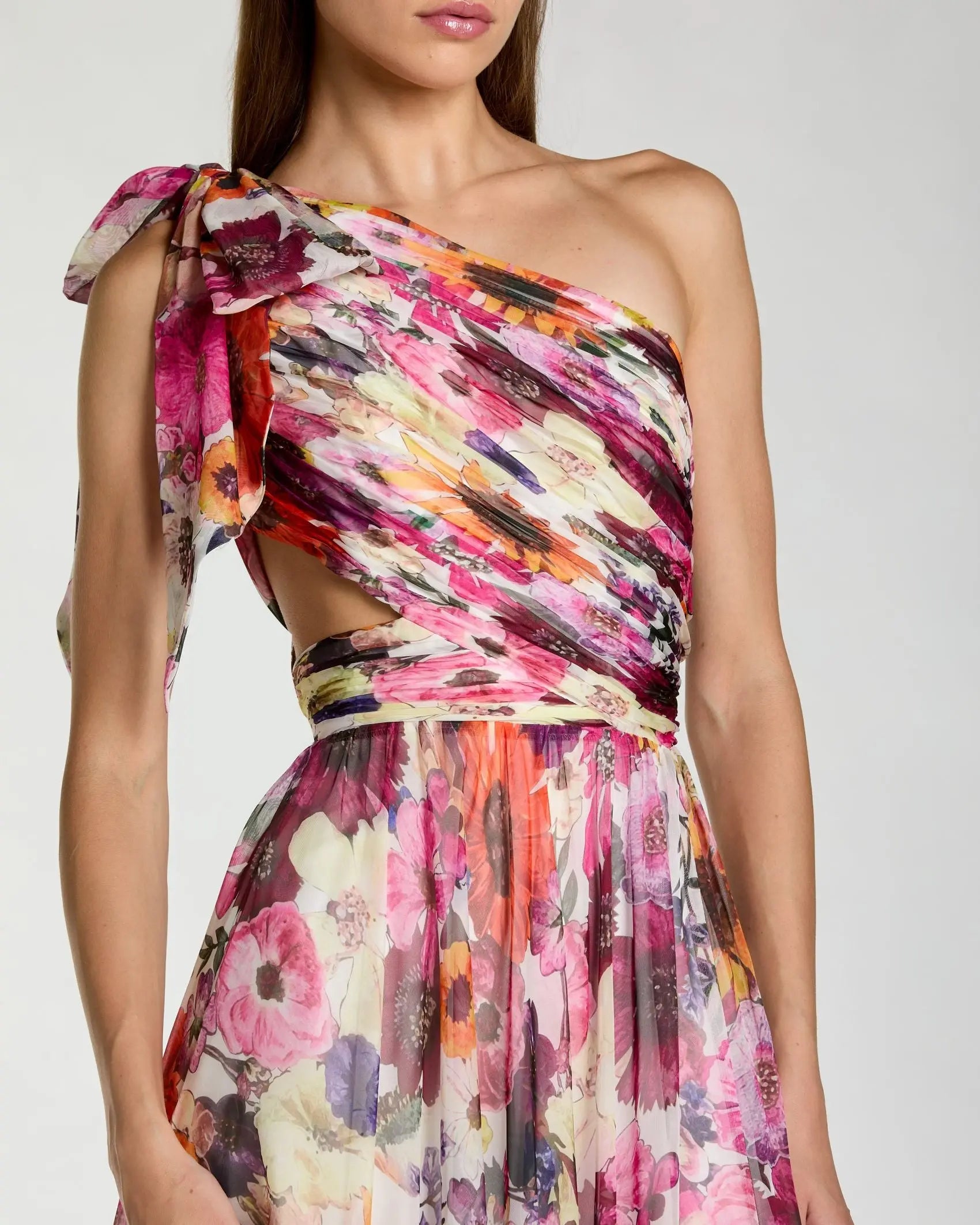 Multicolor One Shoulder Floral Printed Chiffon Side Cut Out Gown-Myartka