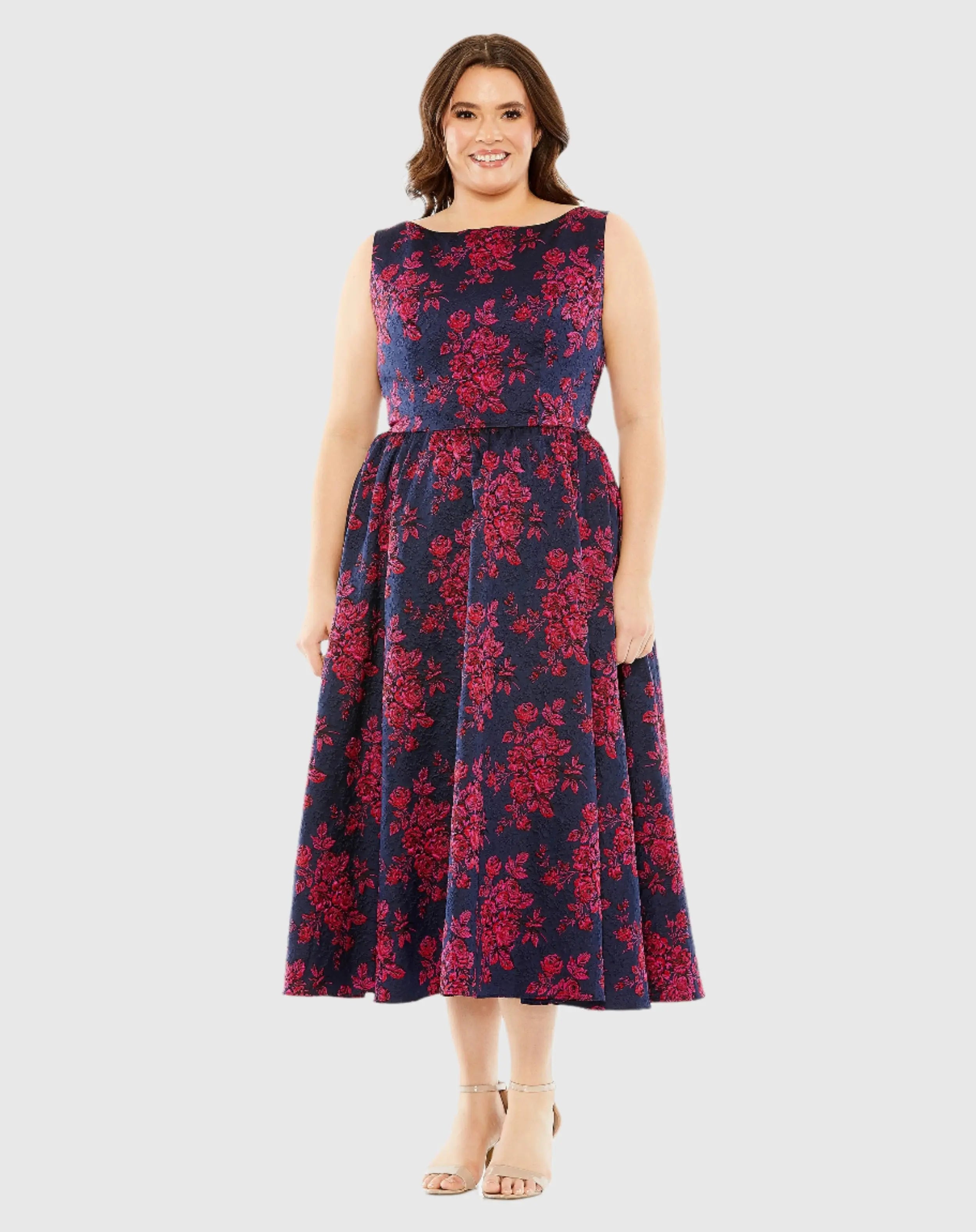 Navy Sleeveless Floral Embroidered Dress (Plus)-Myartka