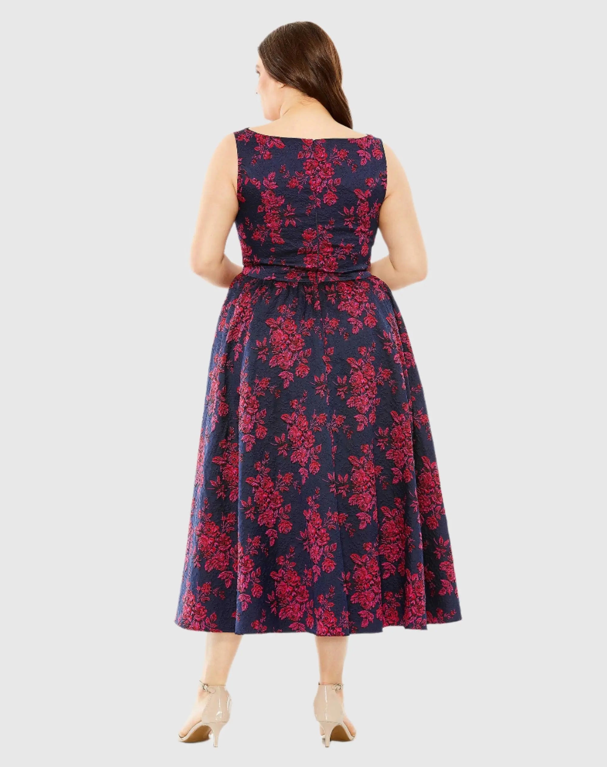 Navy Sleeveless Floral Embroidered Dress (Plus)-Myartka