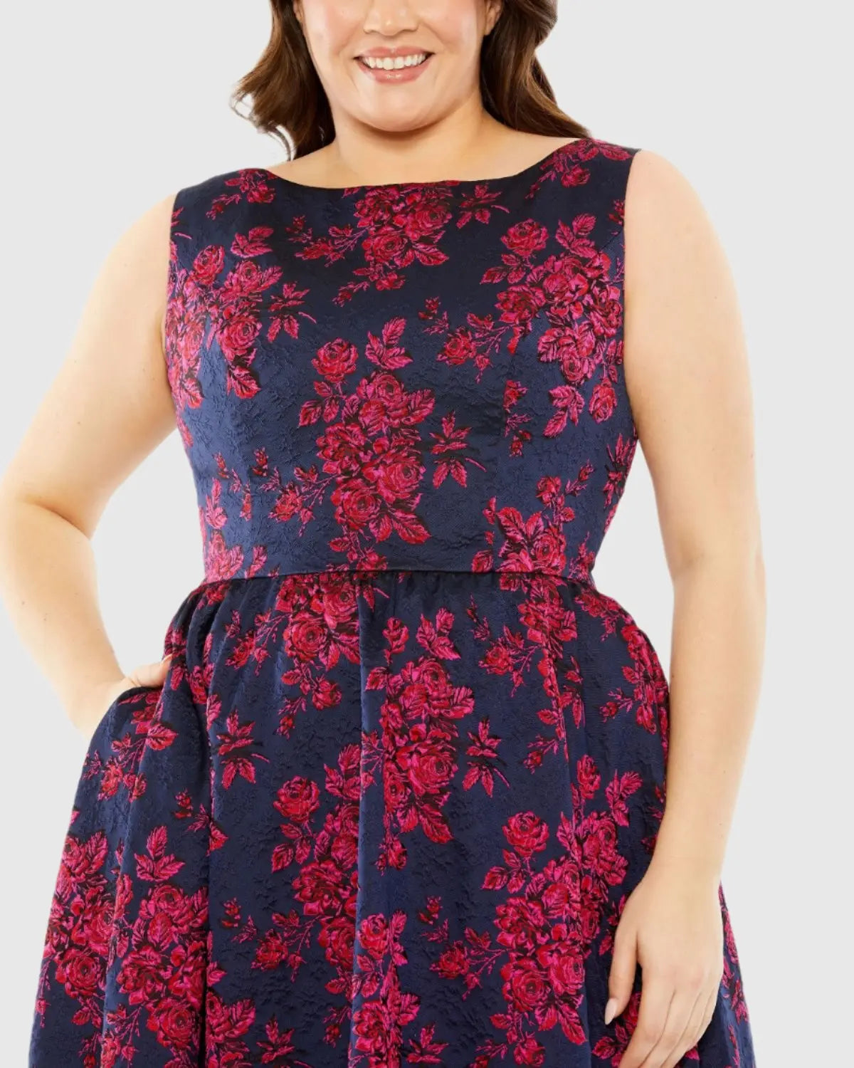 Navy Sleeveless Floral Embroidered Dress (Plus)-Myartka