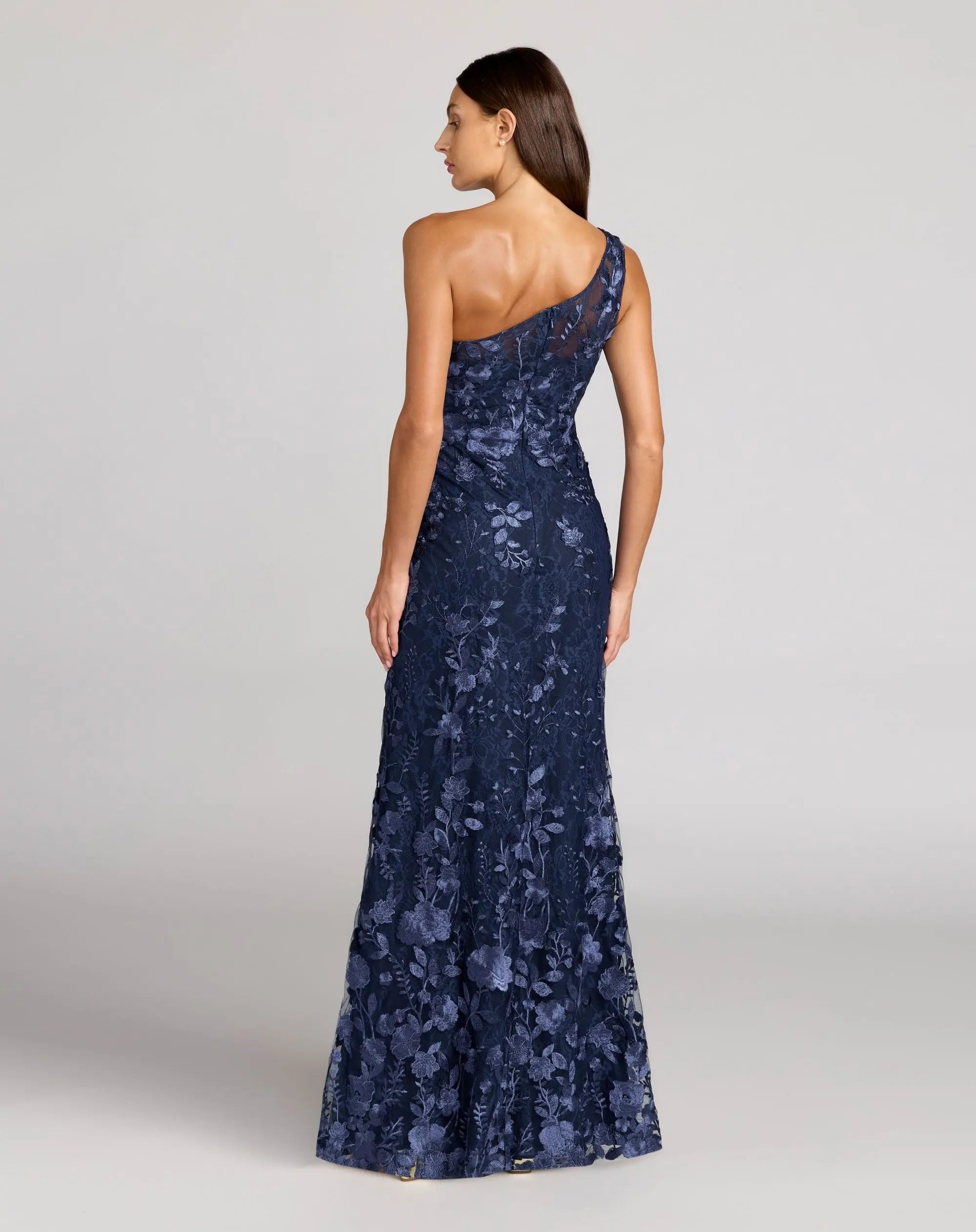 Navy One Shoulder Floral Embroidered Gown-Myartka