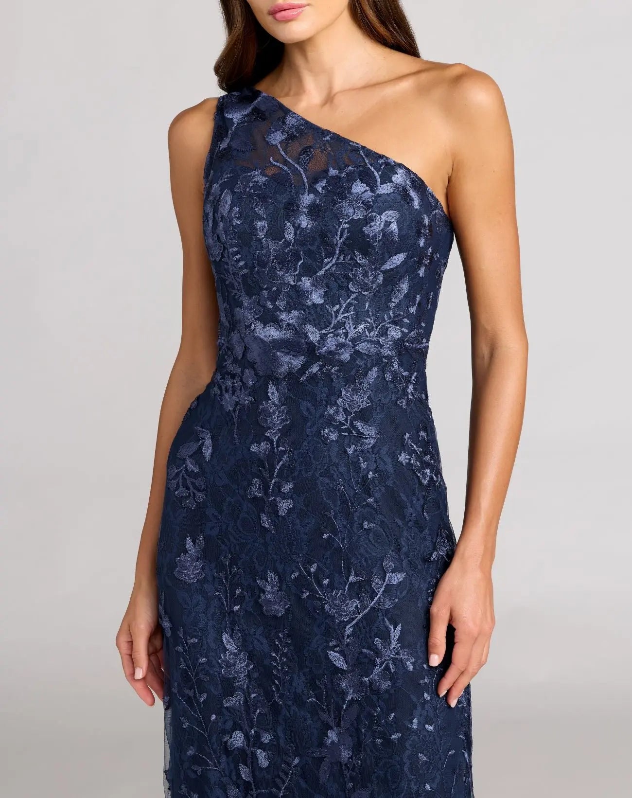 Navy One Shoulder Floral Embroidered Gown-Myartka