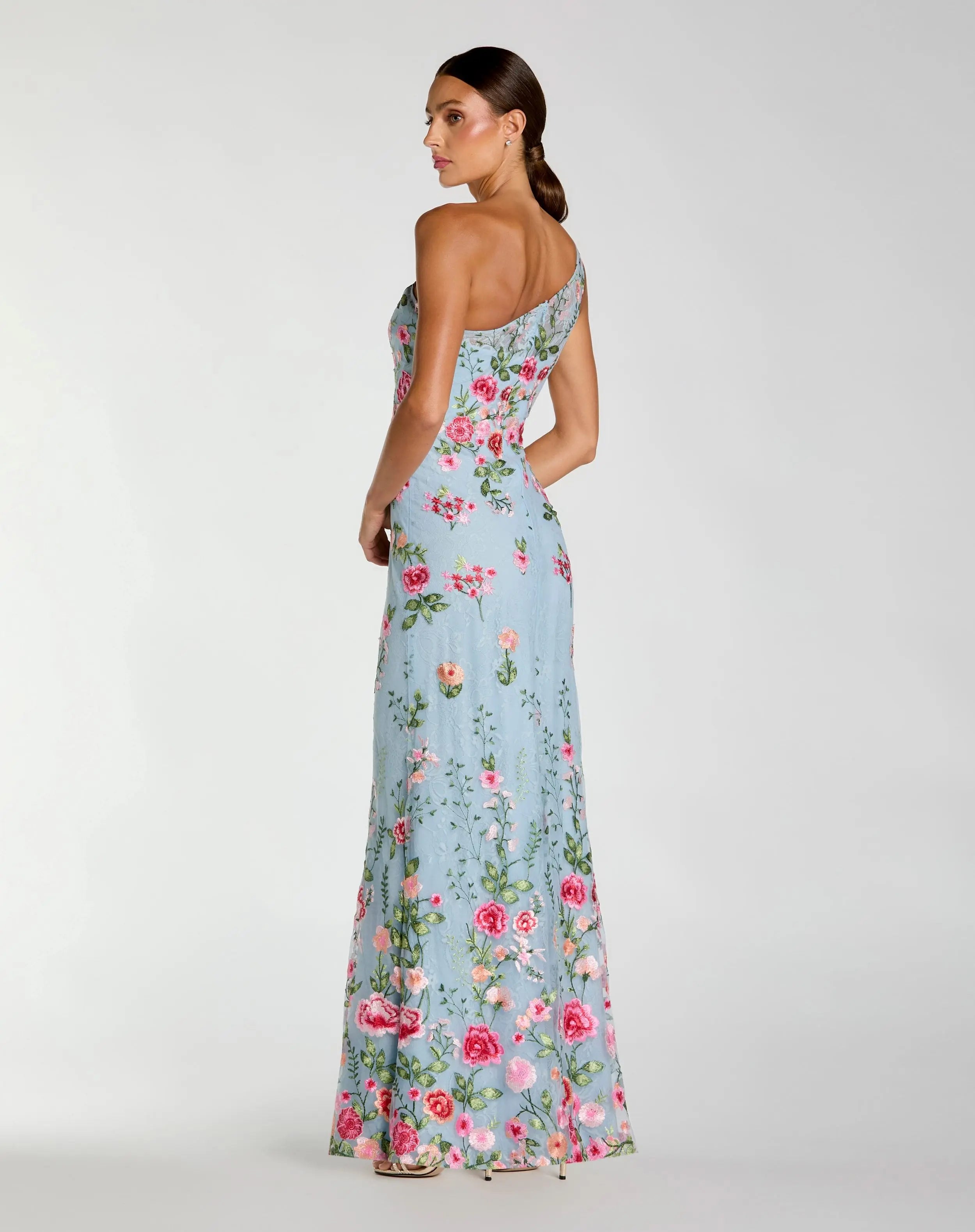 Blue One Shoulder Floral Embroidered Gown-Myartka