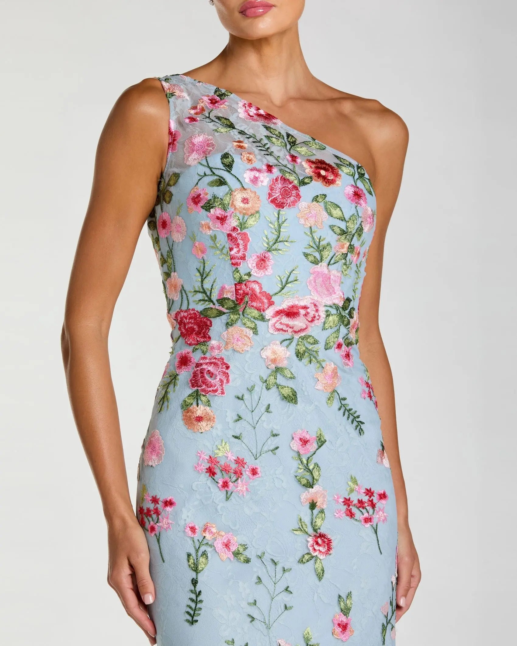Blue One Shoulder Floral Embroidered Gown-Myartka