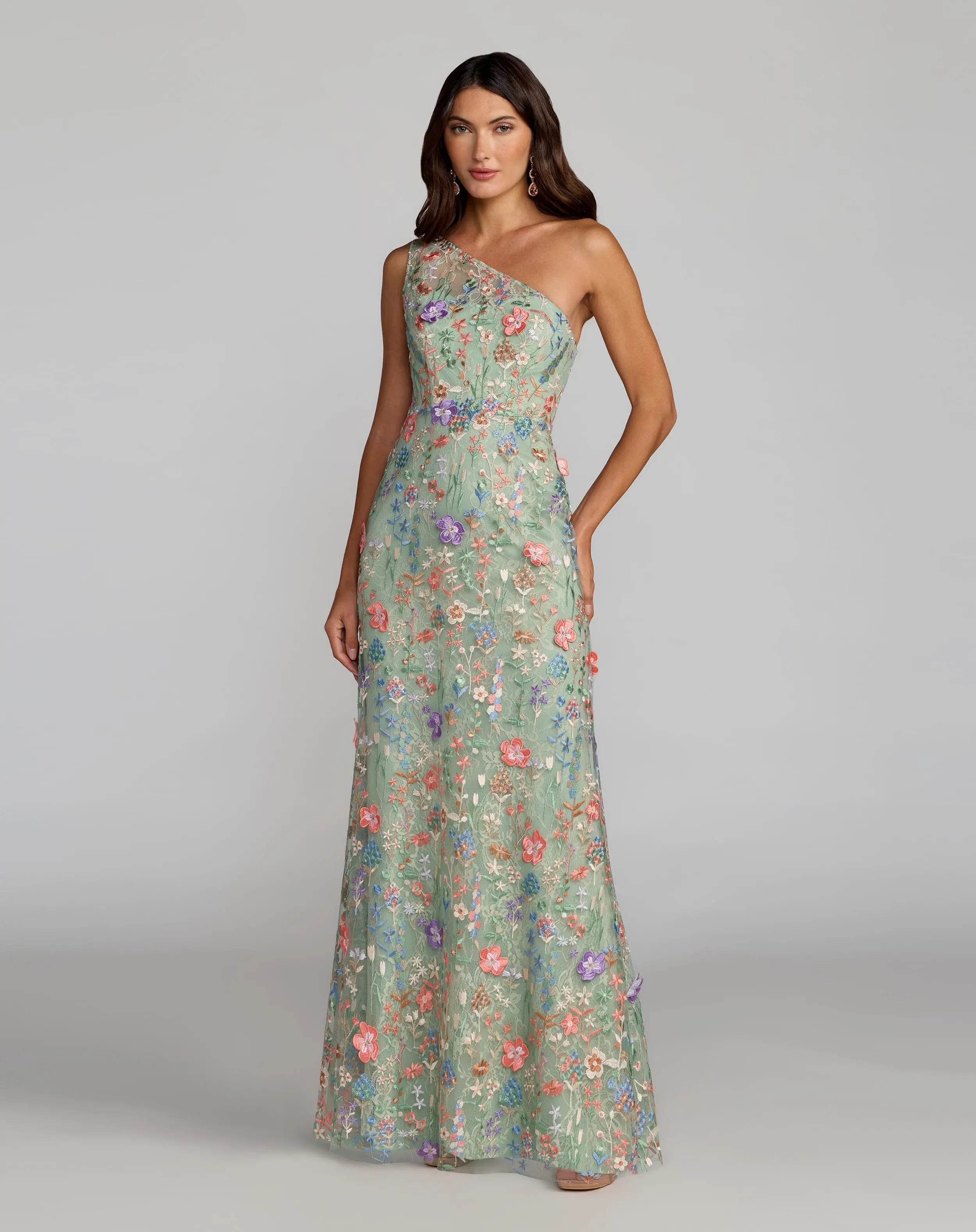Green One Shoulder Floral Embroidered Gown-Myartka