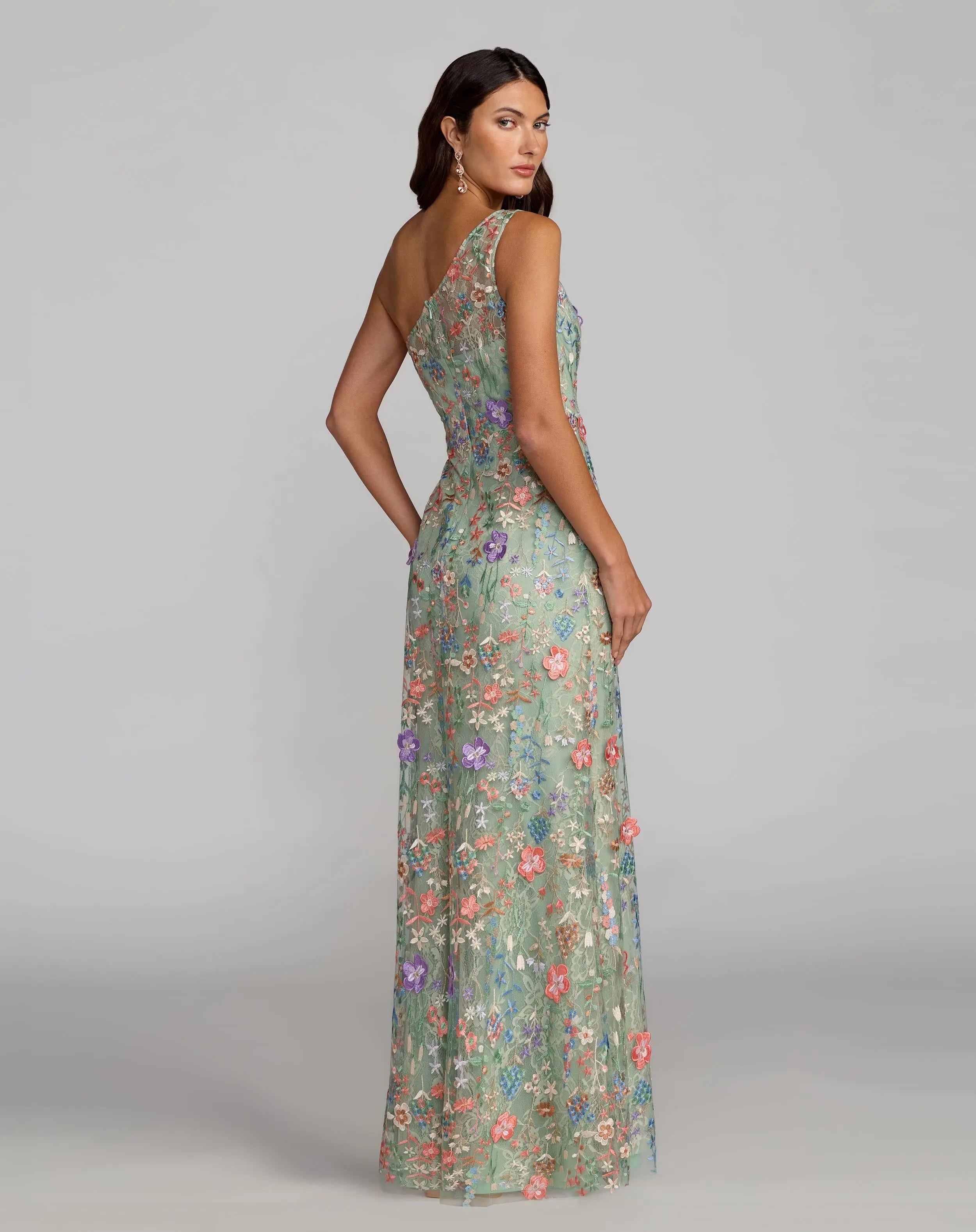 Green One Shoulder Floral Embroidered Gown-Myartka