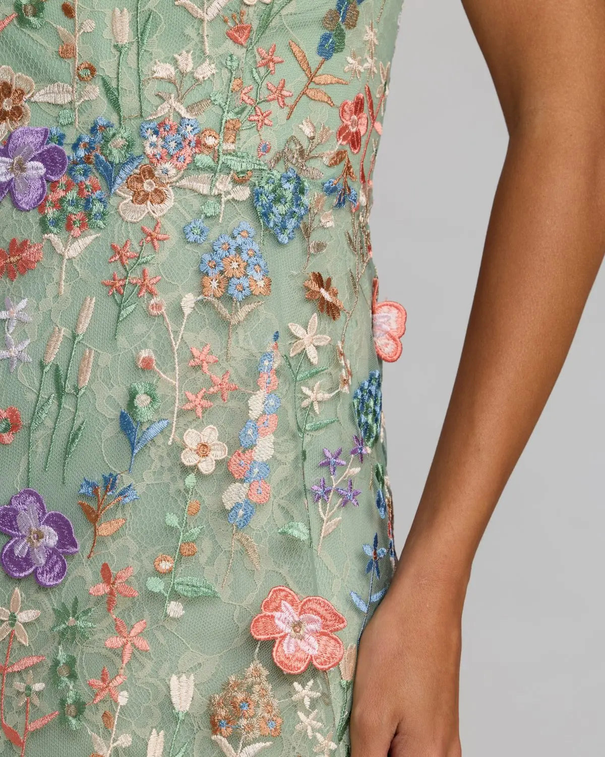 Green One Shoulder Floral Embroidered Gown-Myartka