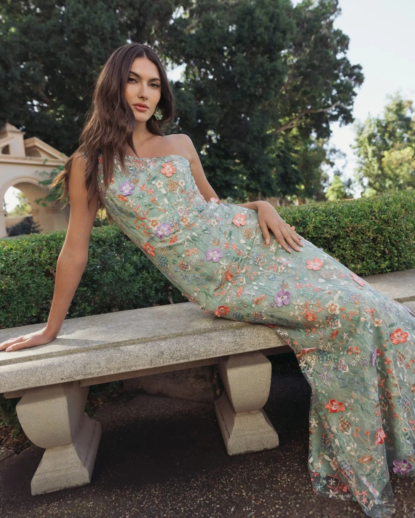 Green One Shoulder Floral Embroidered Gown-Myartka
