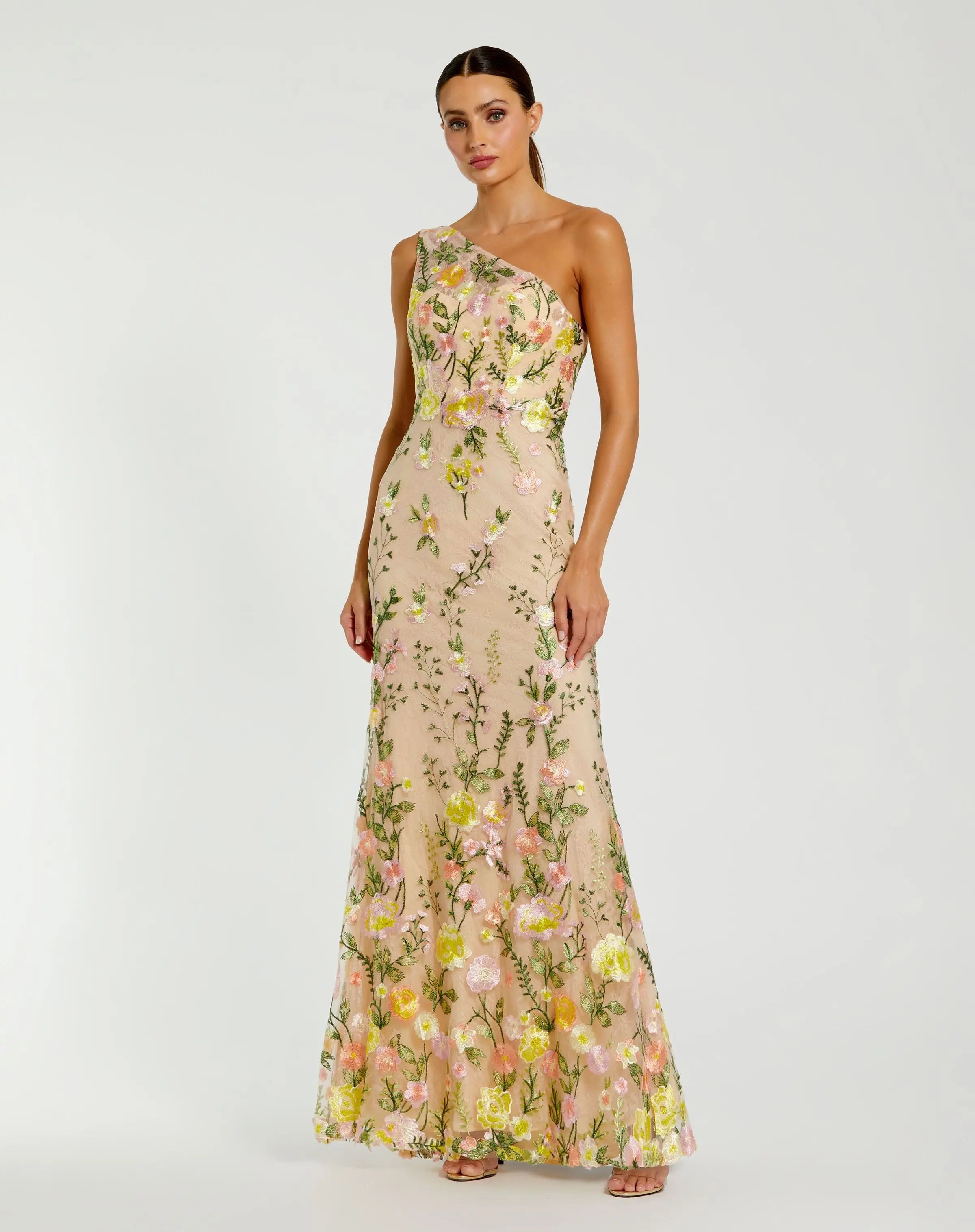 Beige One Shoulder Floral Embroidered Gown-Myartka