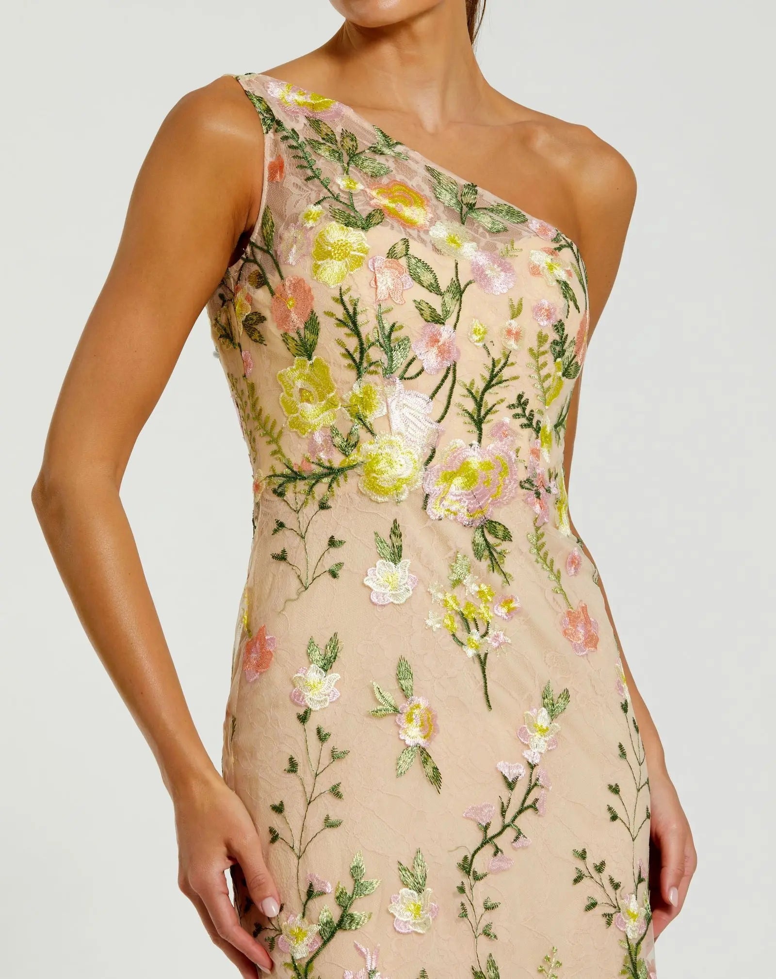 Beige One Shoulder Floral Embroidered Gown-Myartka