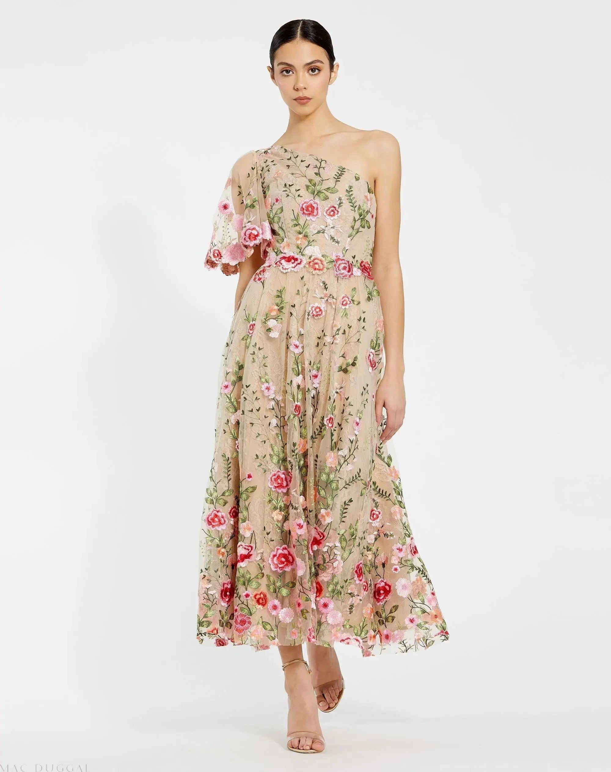 Pink One Shoulder Lace Embroidered Dress-Myartka