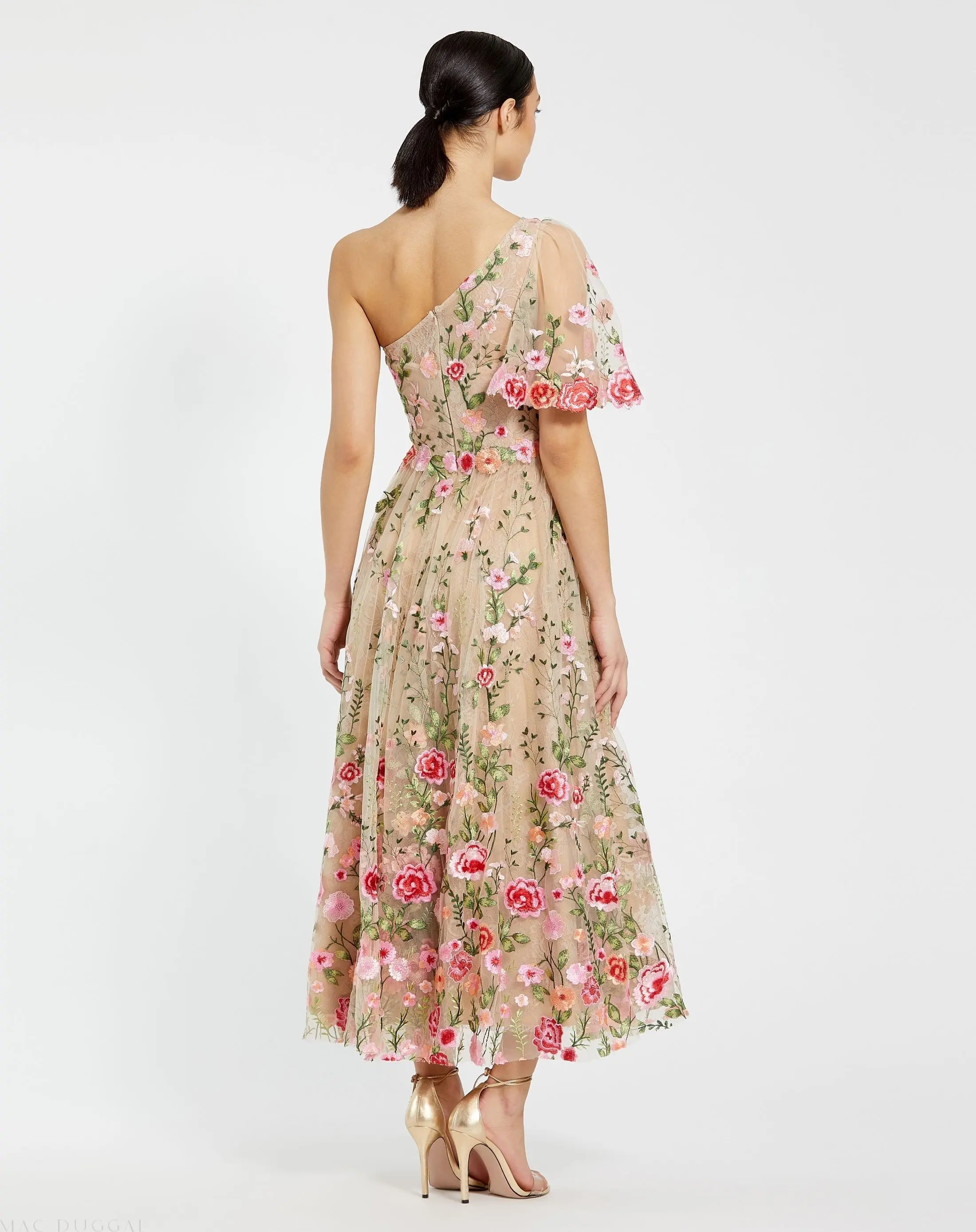 Pink One Shoulder Lace Embroidered Dress-Myartka