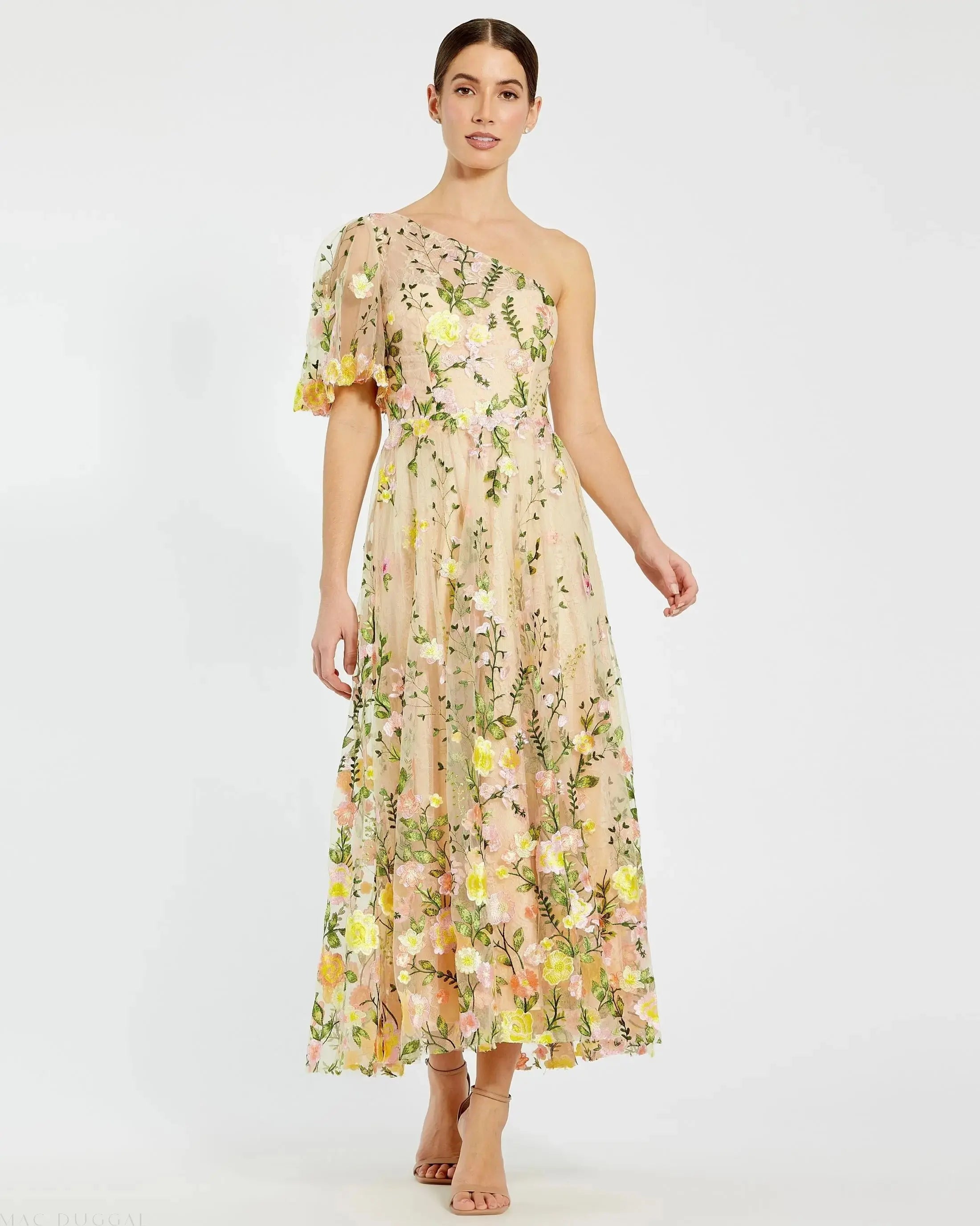 Yellow One Shoulder Lace Embroidered Dress-Myartka