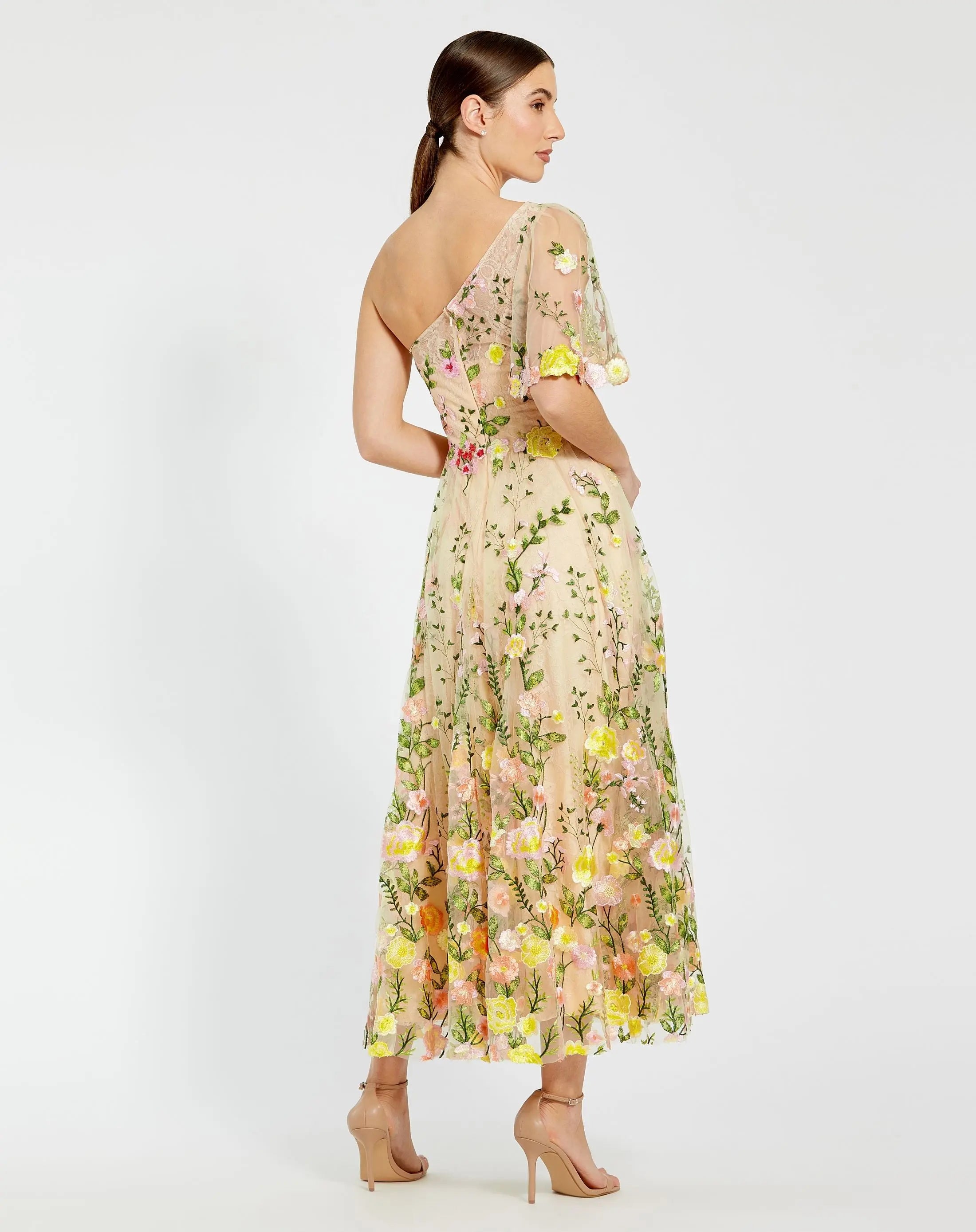 Yellow One Shoulder Lace Embroidered Dress-Myartka