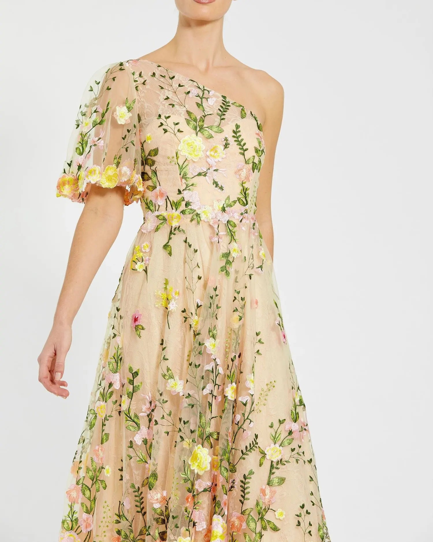 Yellow One Shoulder Lace Embroidered Dress-Myartka