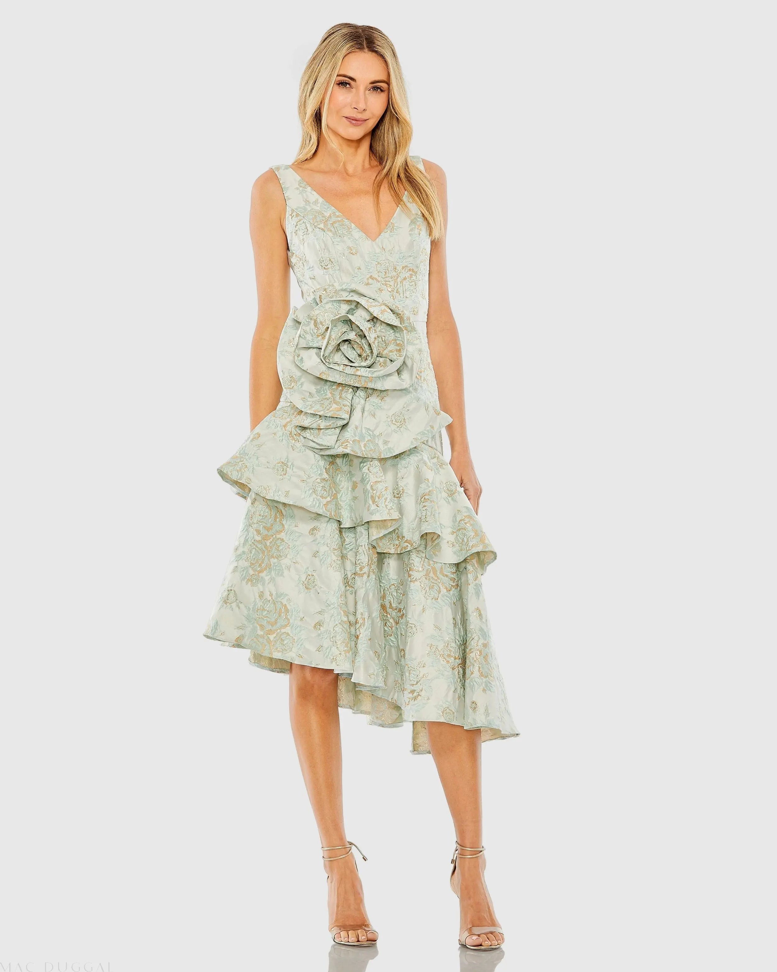Green Floral Brocade Asymmetrical Hem Dress with Rosette - FINAL SALE-Myartka