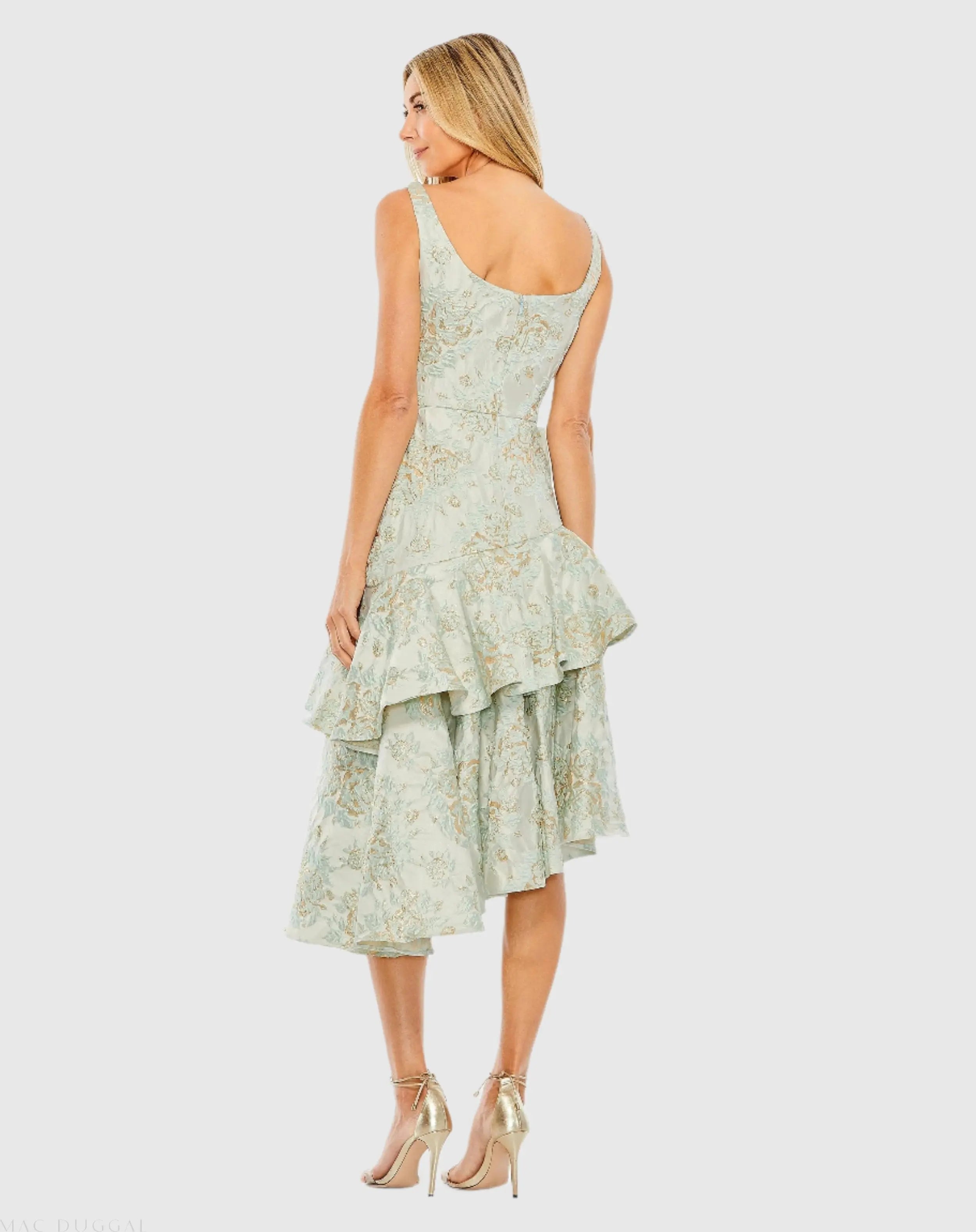 Green Floral Brocade Asymmetrical Hem Dress with Rosette - FINAL SALE-Myartka