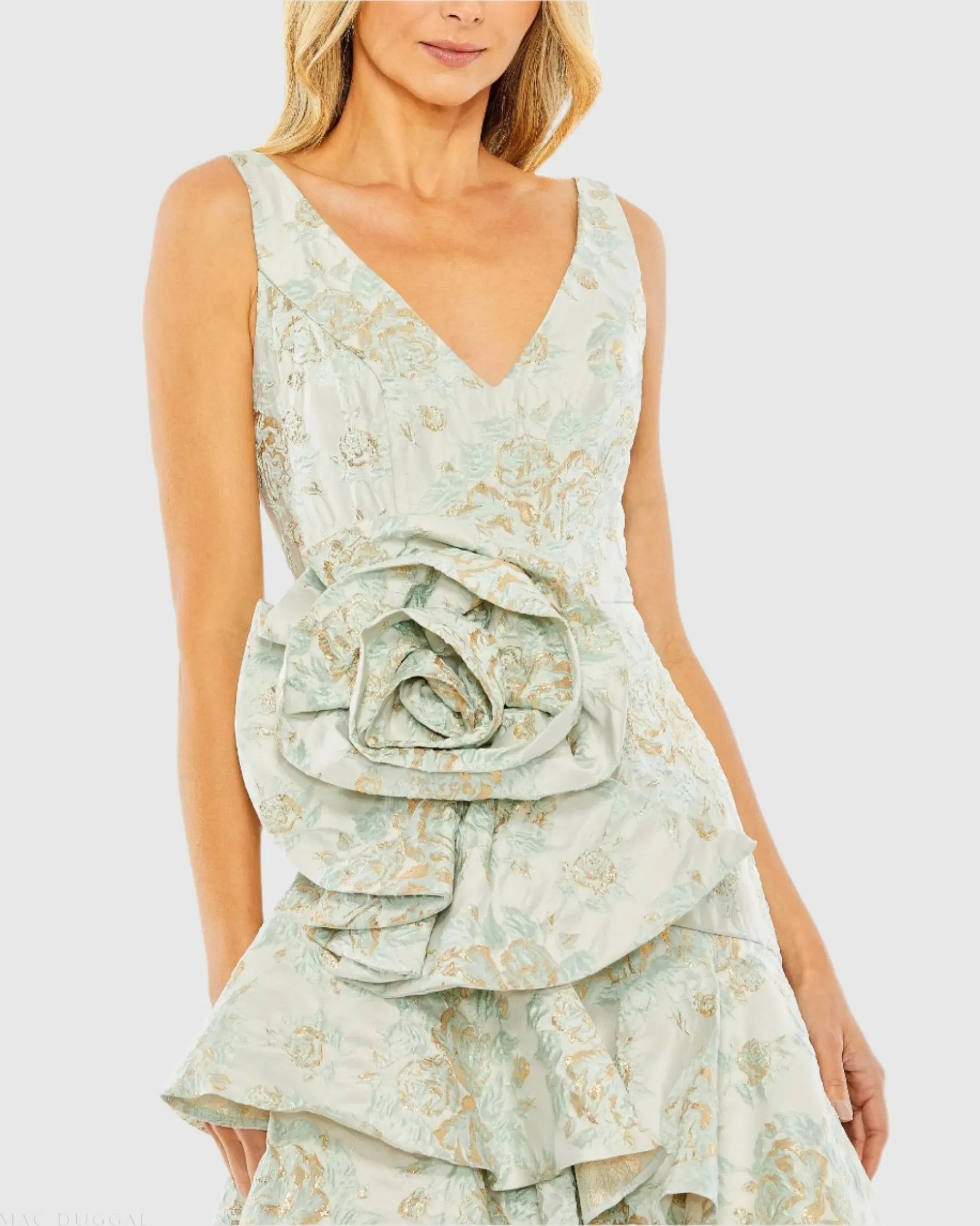Green Floral Brocade Asymmetrical Hem Dress with Rosette - FINAL SALE-Myartka