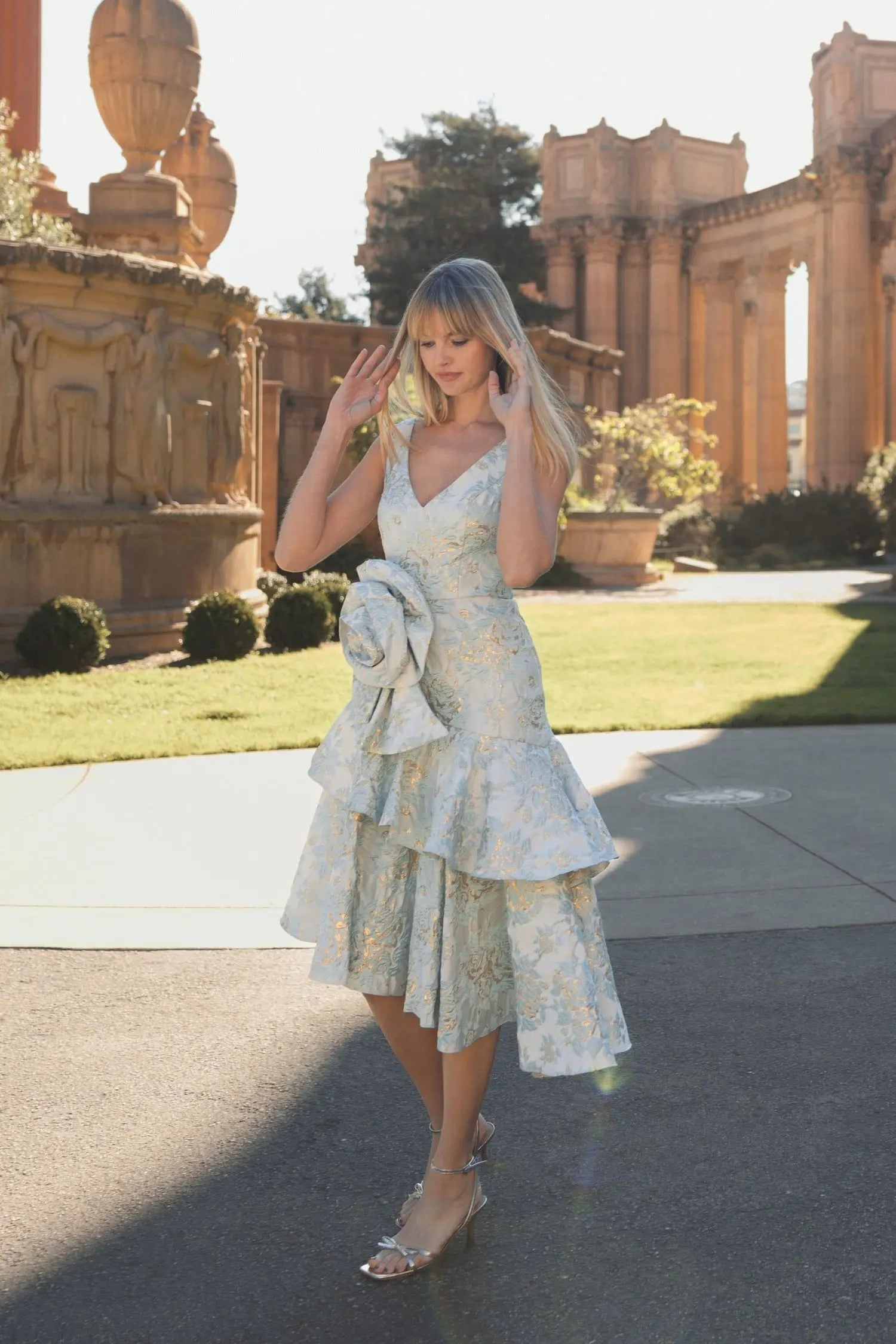 Green Floral Brocade Asymmetrical Hem Dress with Rosette - FINAL SALE-Myartka