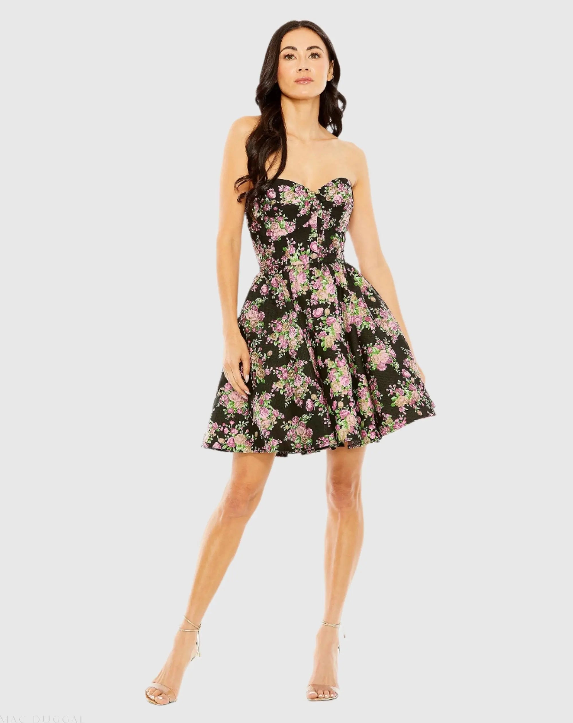 Black Strapless Brocade Mini Dress-Myartka