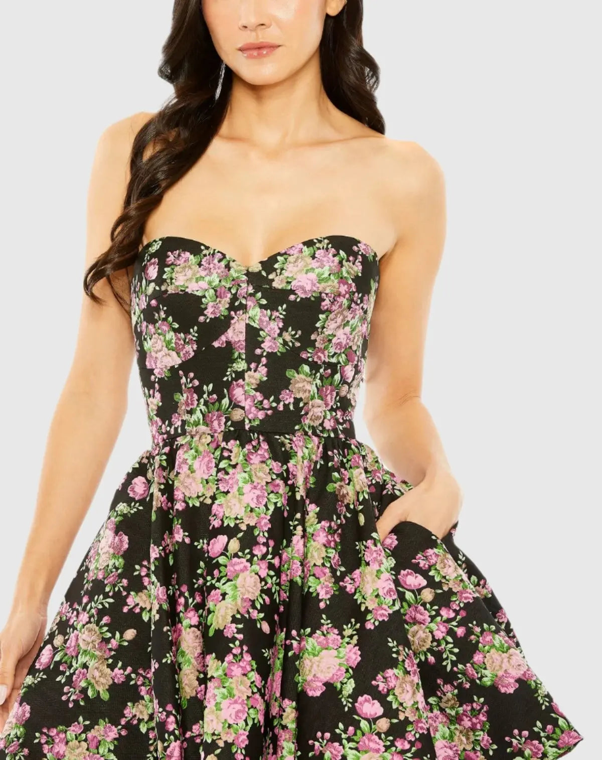 Black Strapless Brocade Mini Dress-Myartka