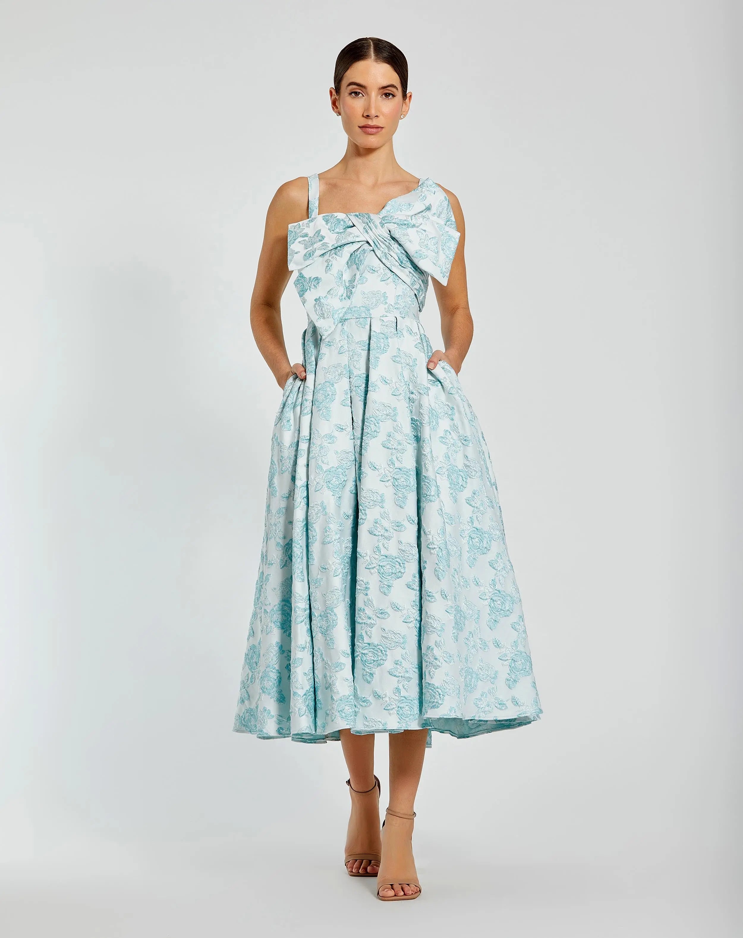Blue Sleeveless Large Bow Detail Floral Brocade Dress-Myartka