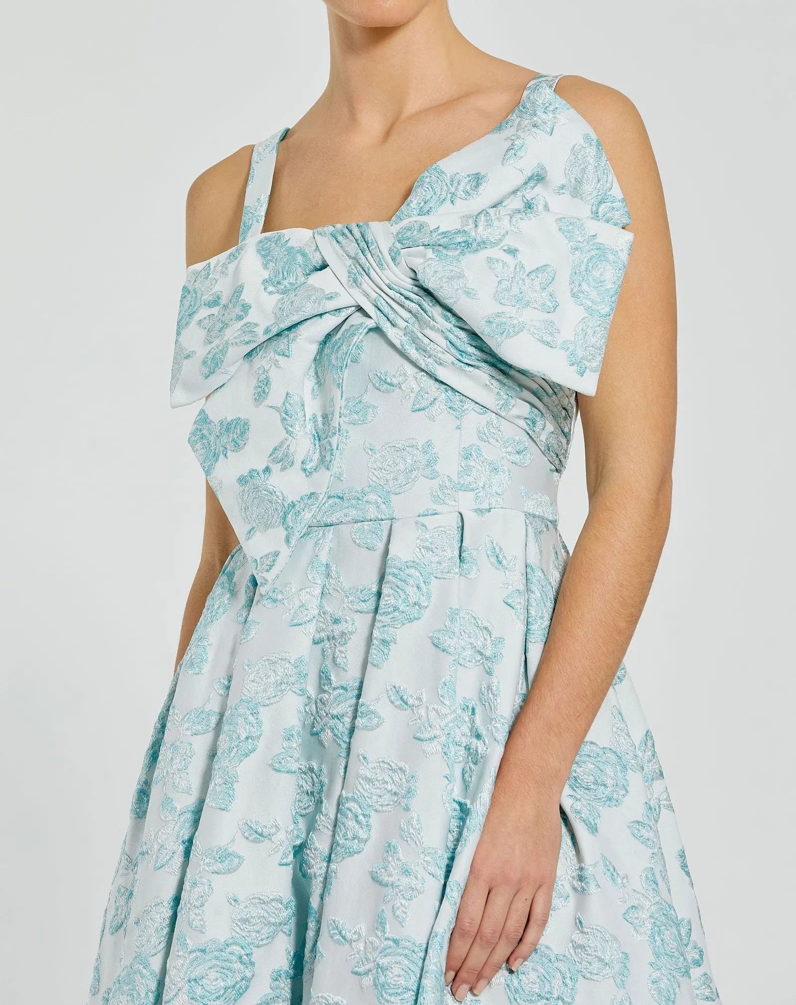 Blue Sleeveless Large Bow Detail Floral Brocade Dress-Myartka