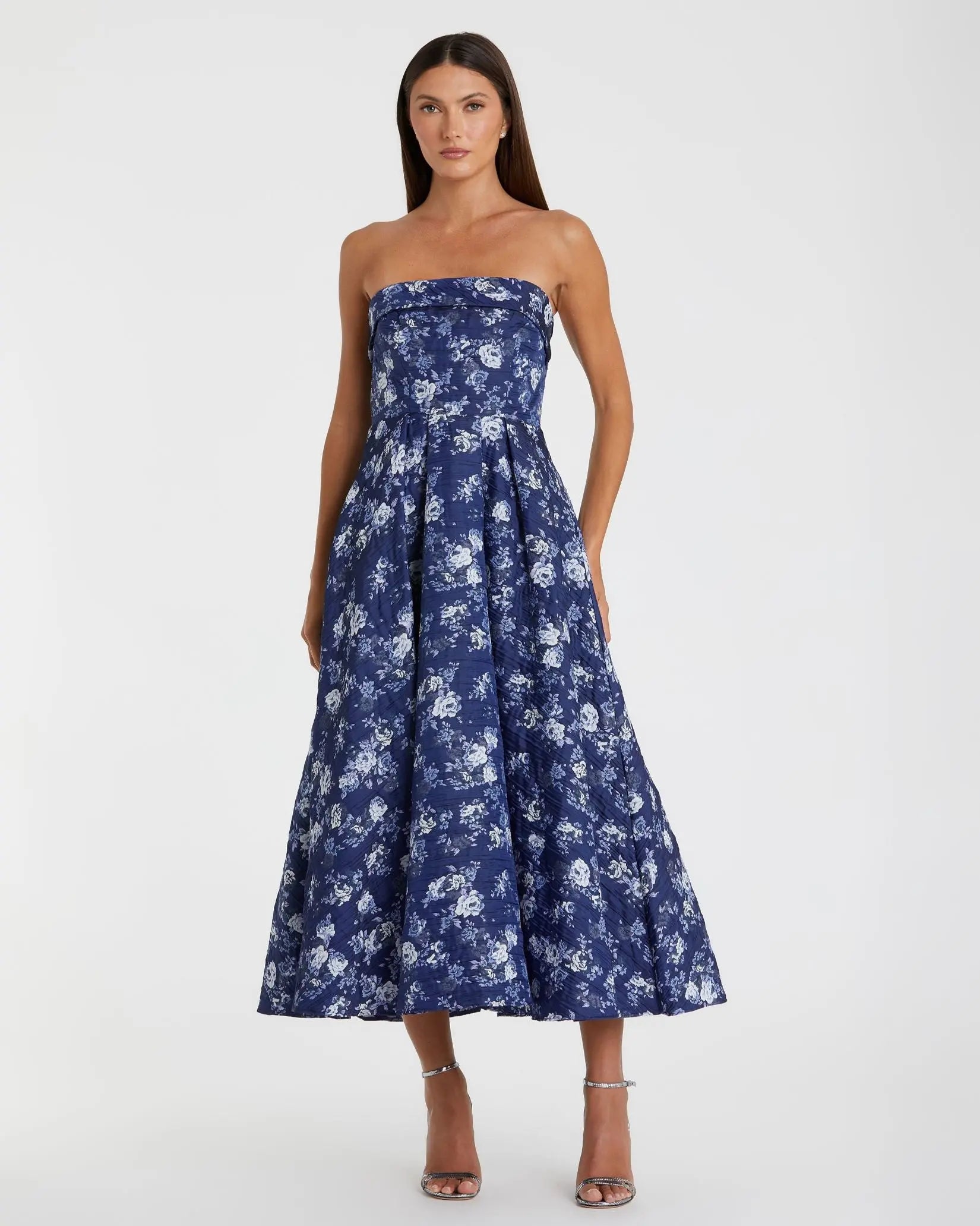 Blue Strapless Brocade Midi Dress-Myartka